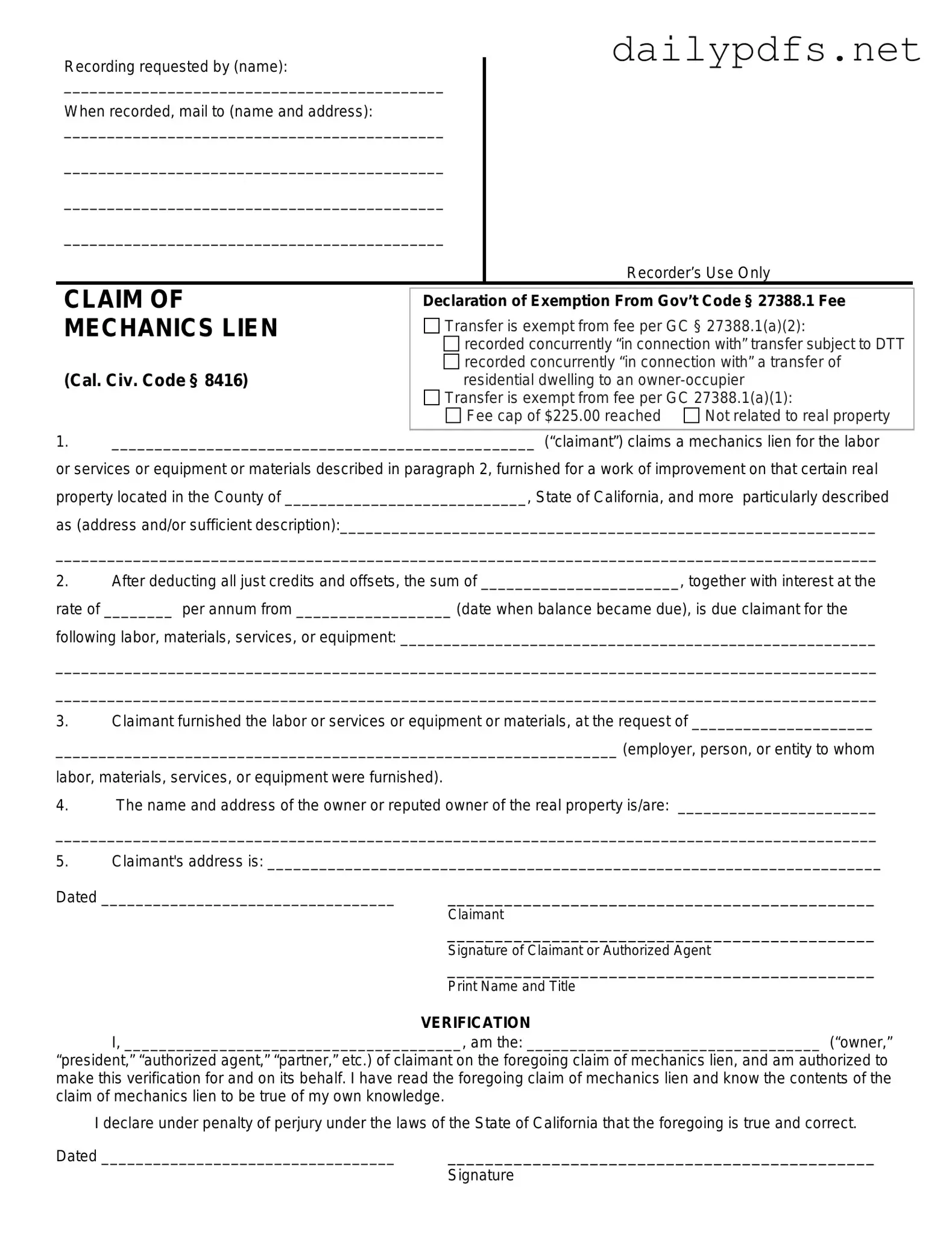 Fill Out Your Mechanics Lien California Form