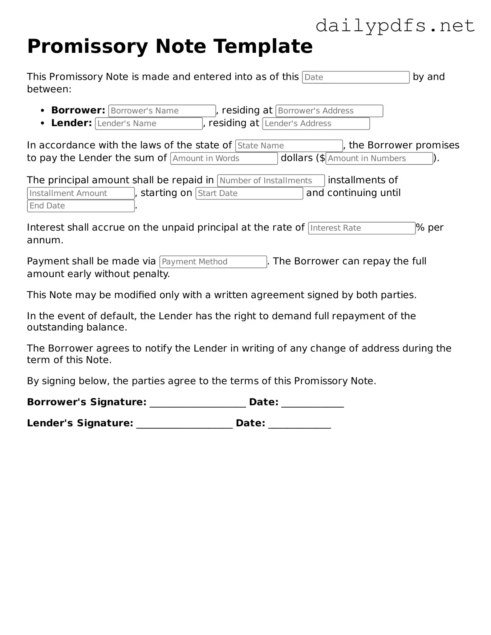 Printable Promissory Note Document