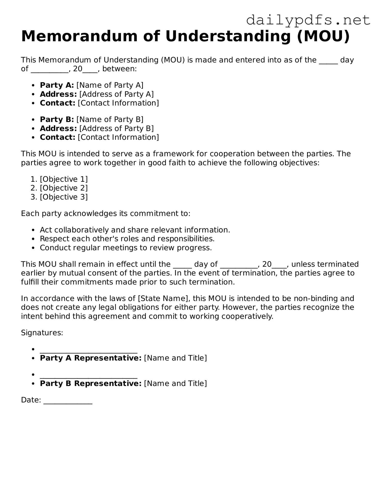 Printable Memorandum of Understanding Document