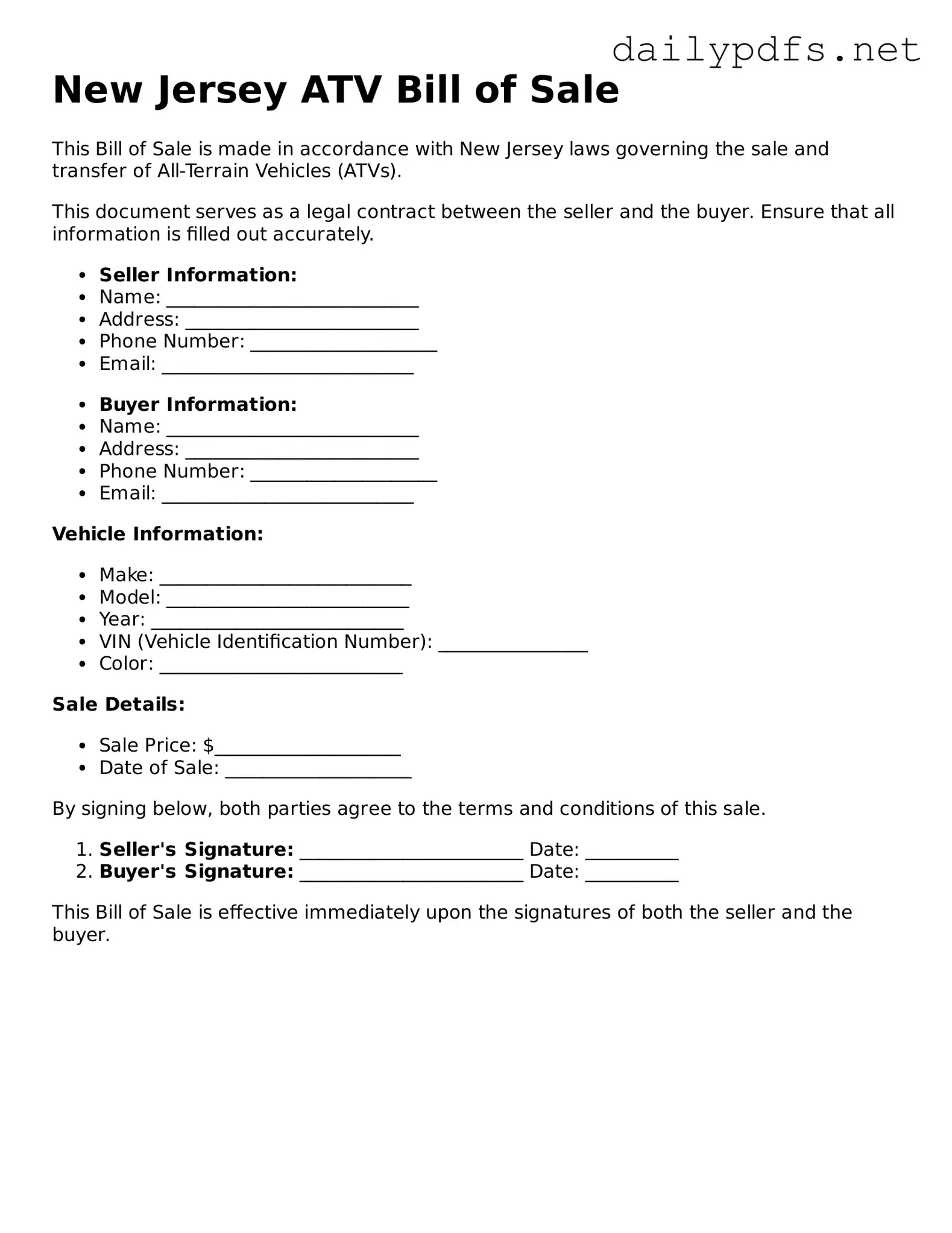 Free  ATV Bill of Sale Template for New Jersey