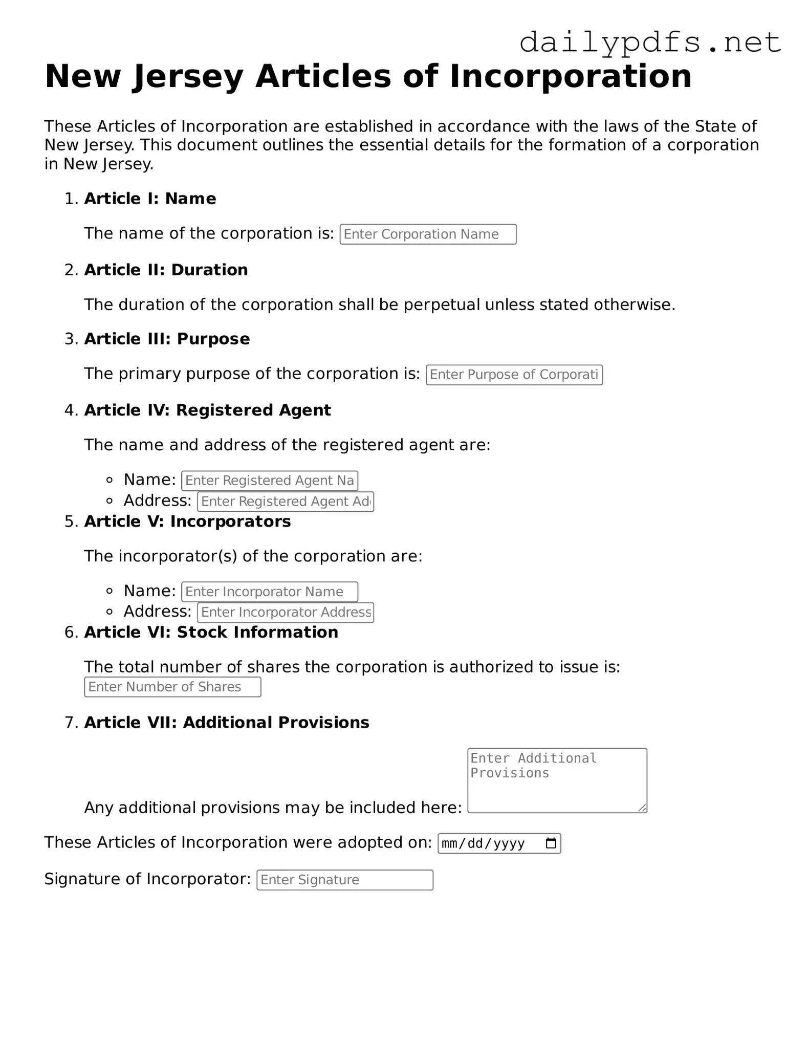 Free  Articles of Incorporation Template for New Jersey
