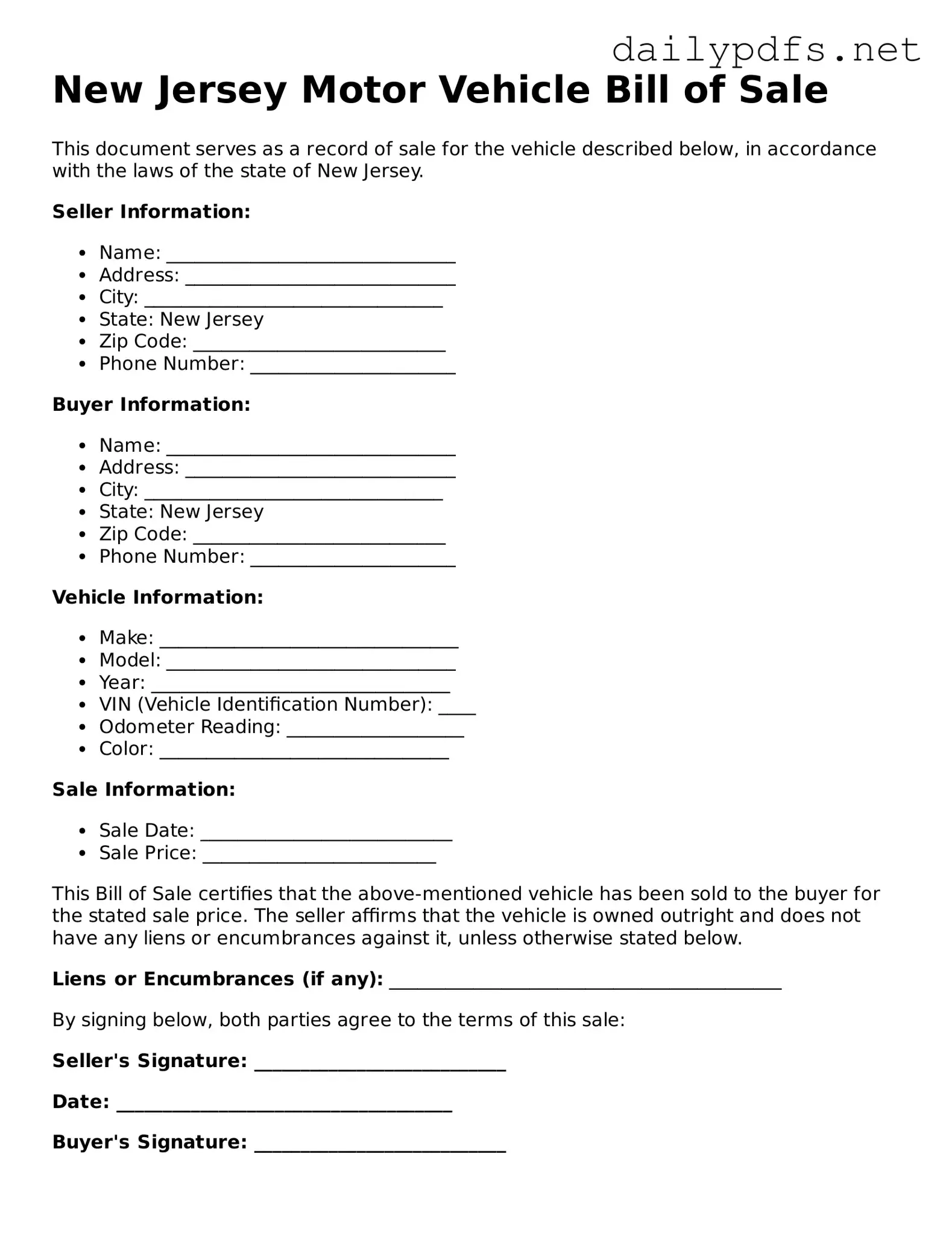Free  Motor Vehicle Bill of Sale Template for New Jersey