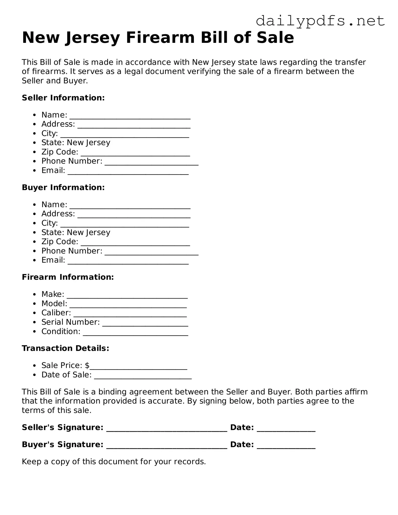 Free  Firearm Bill of Sale Template for New Jersey