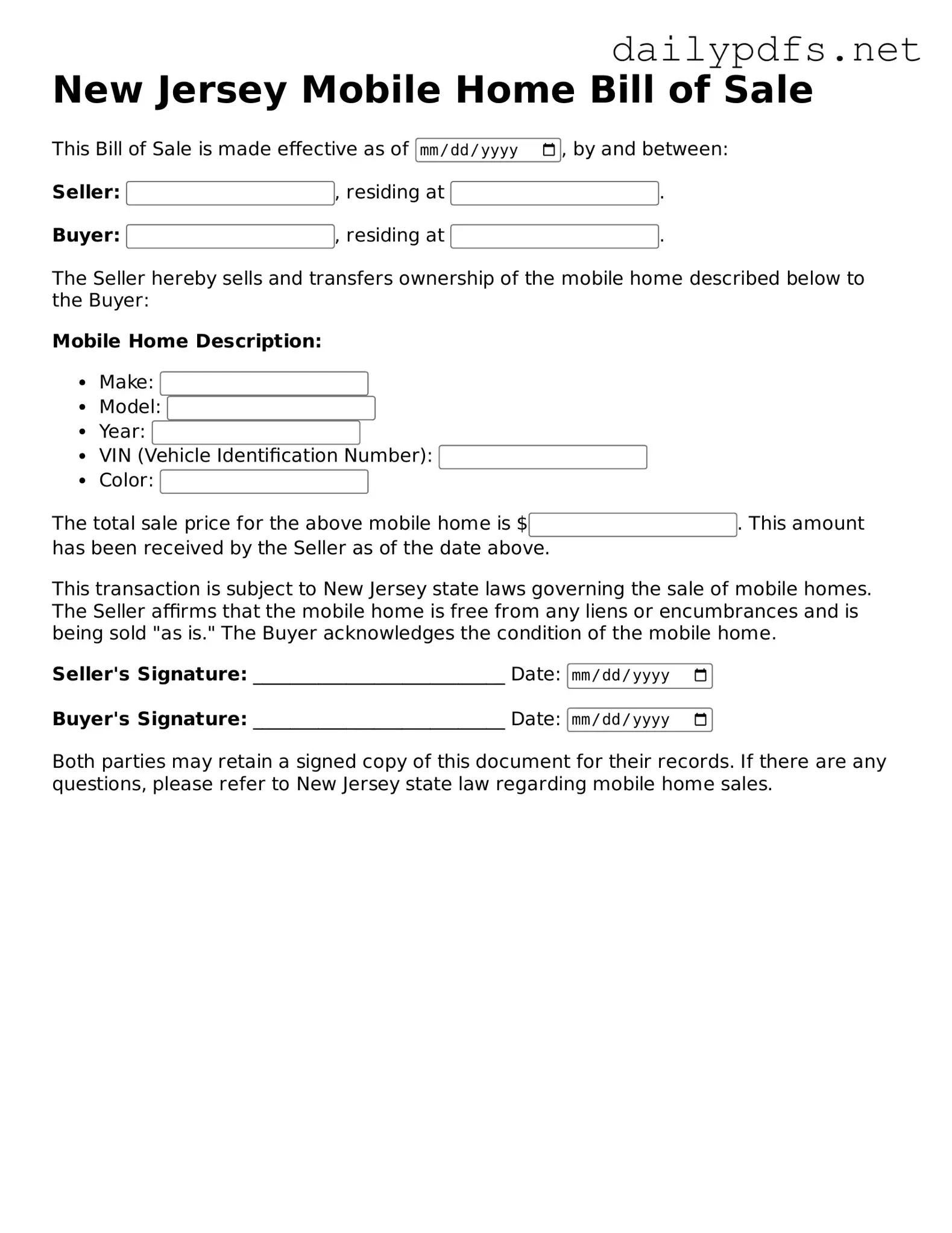 Free  Mobile Home Bill of Sale Template for New Jersey