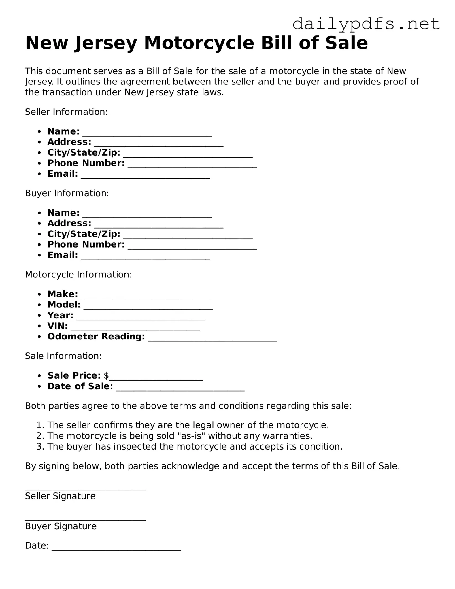 Free  Motorcycle Bill of Sale Template for New Jersey