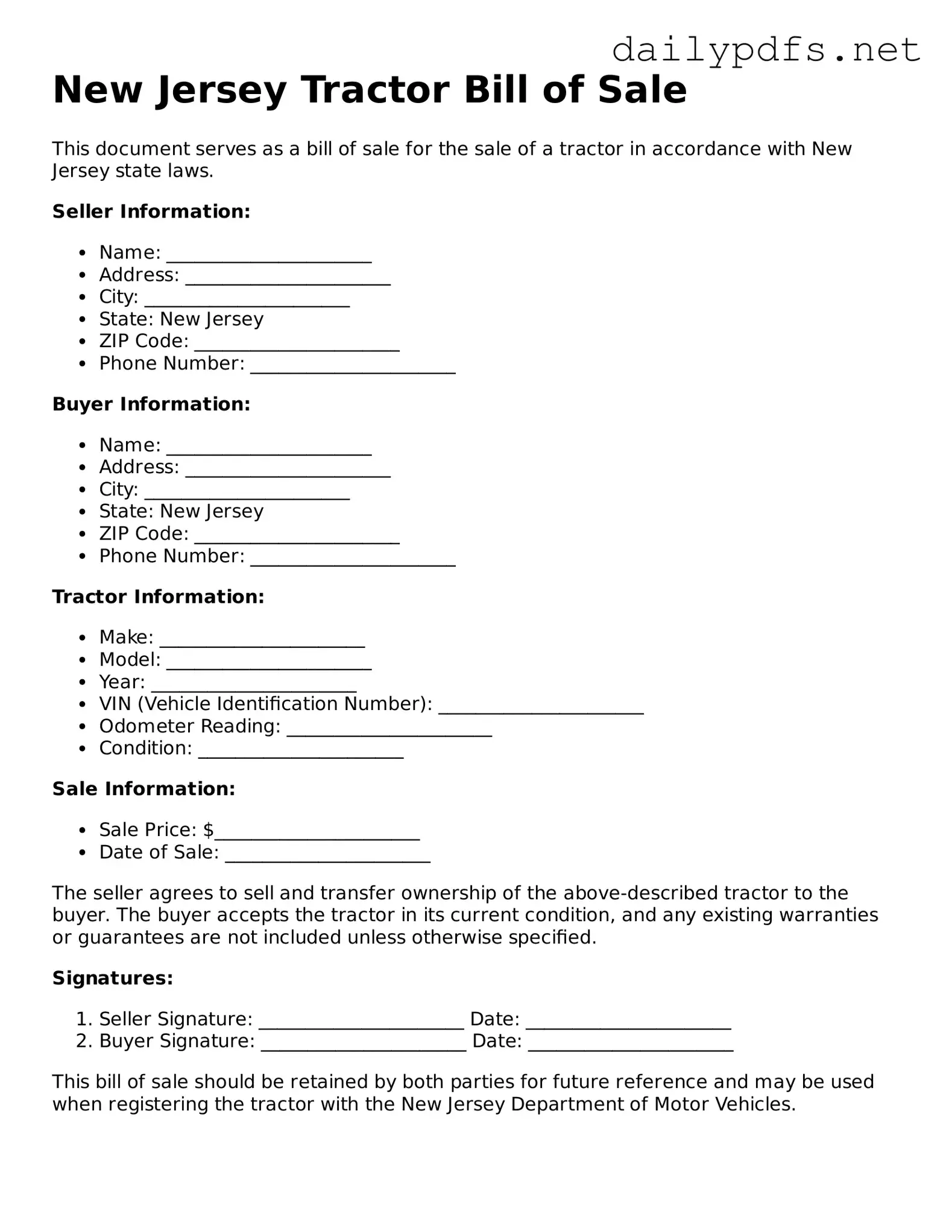 Free  Tractor Bill of Sale Template for New Jersey