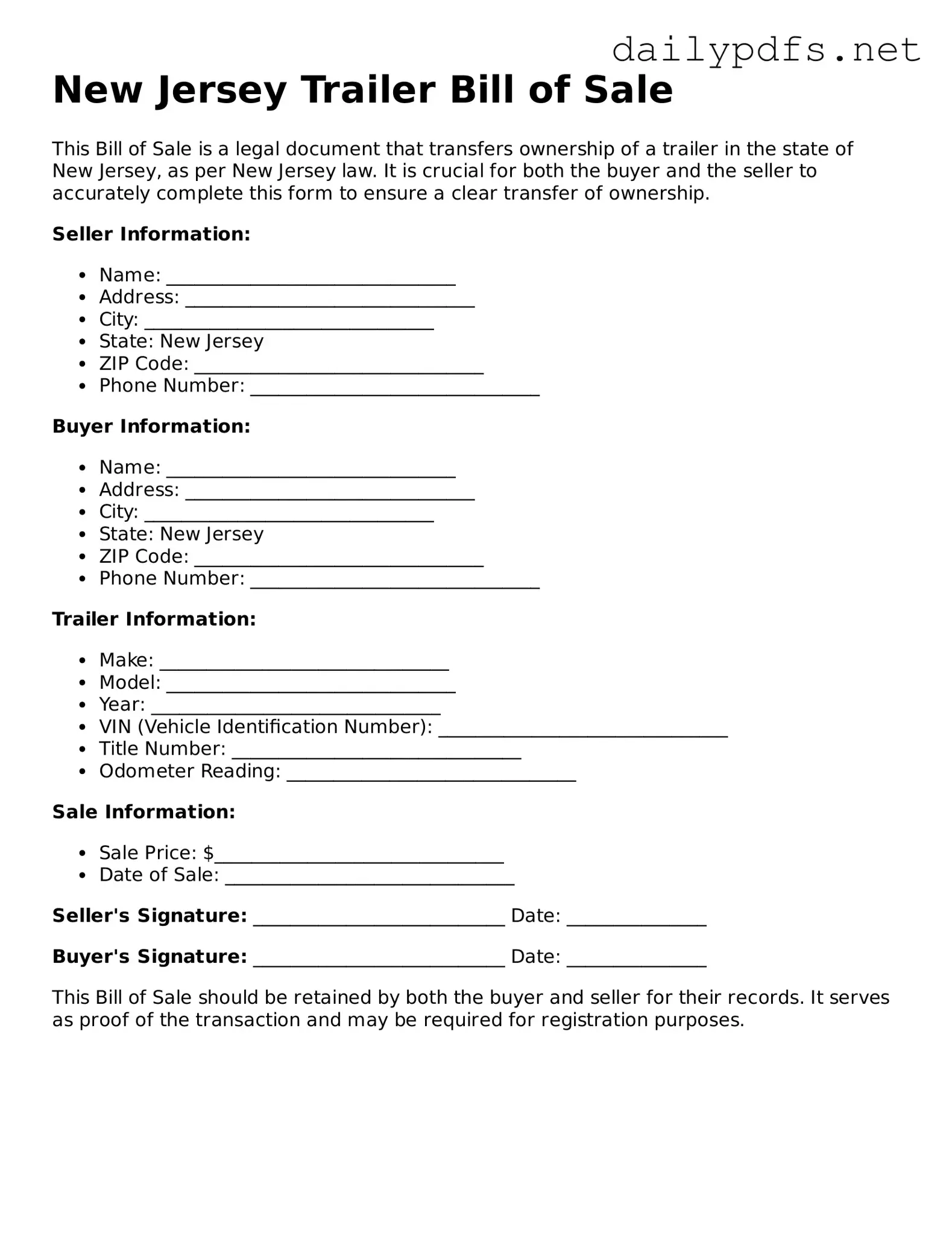 Free  Trailer Bill of Sale Template for New Jersey
