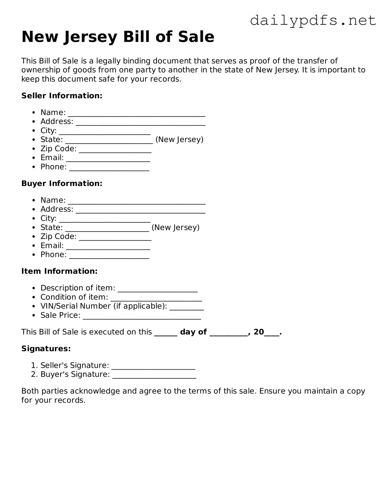 Free  Bill of Sale Template for New Jersey