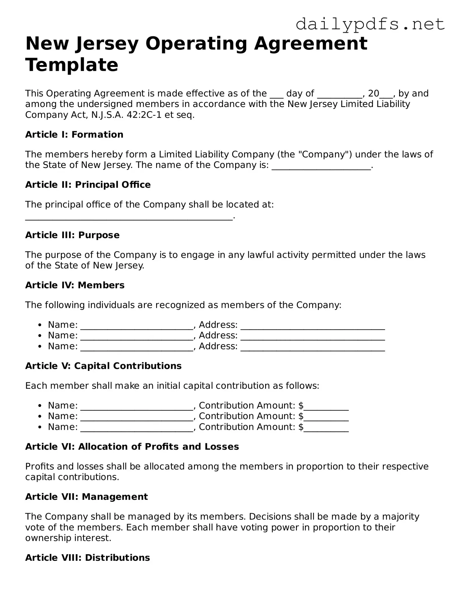Free  Operating Agreement Template for New Jersey