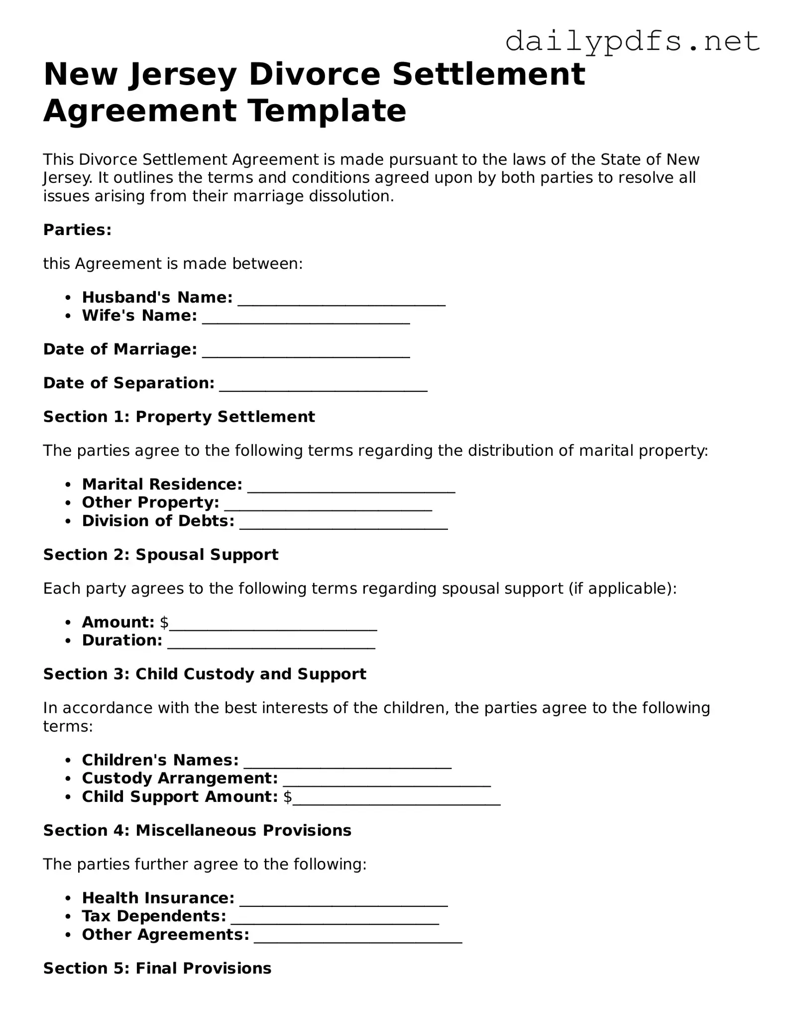 Free  Divorce Settlement Agreement Template for New Jersey