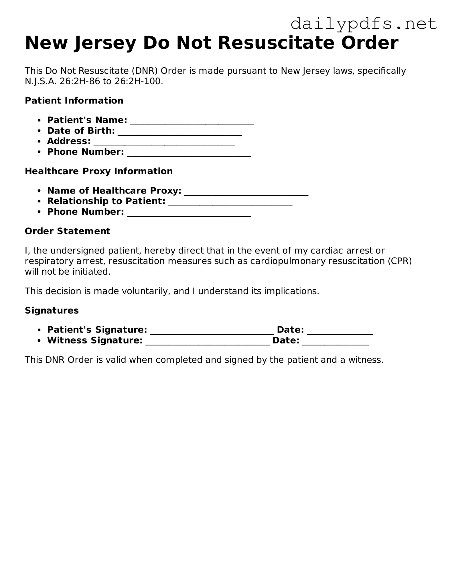 Free  Do Not Resuscitate Order Template for New Jersey