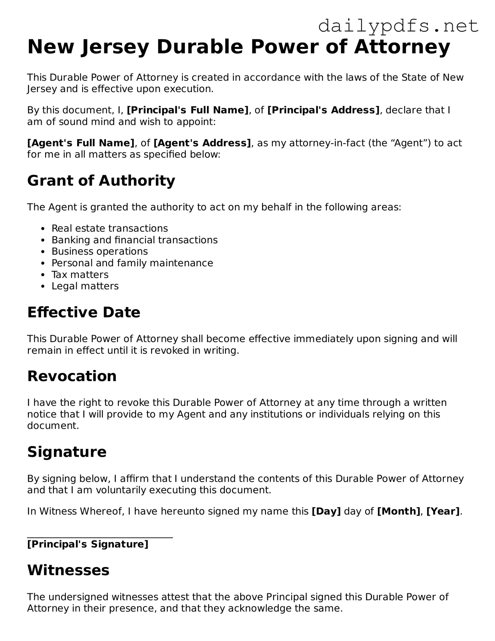 Free  Durable Power of Attorney Template for New Jersey