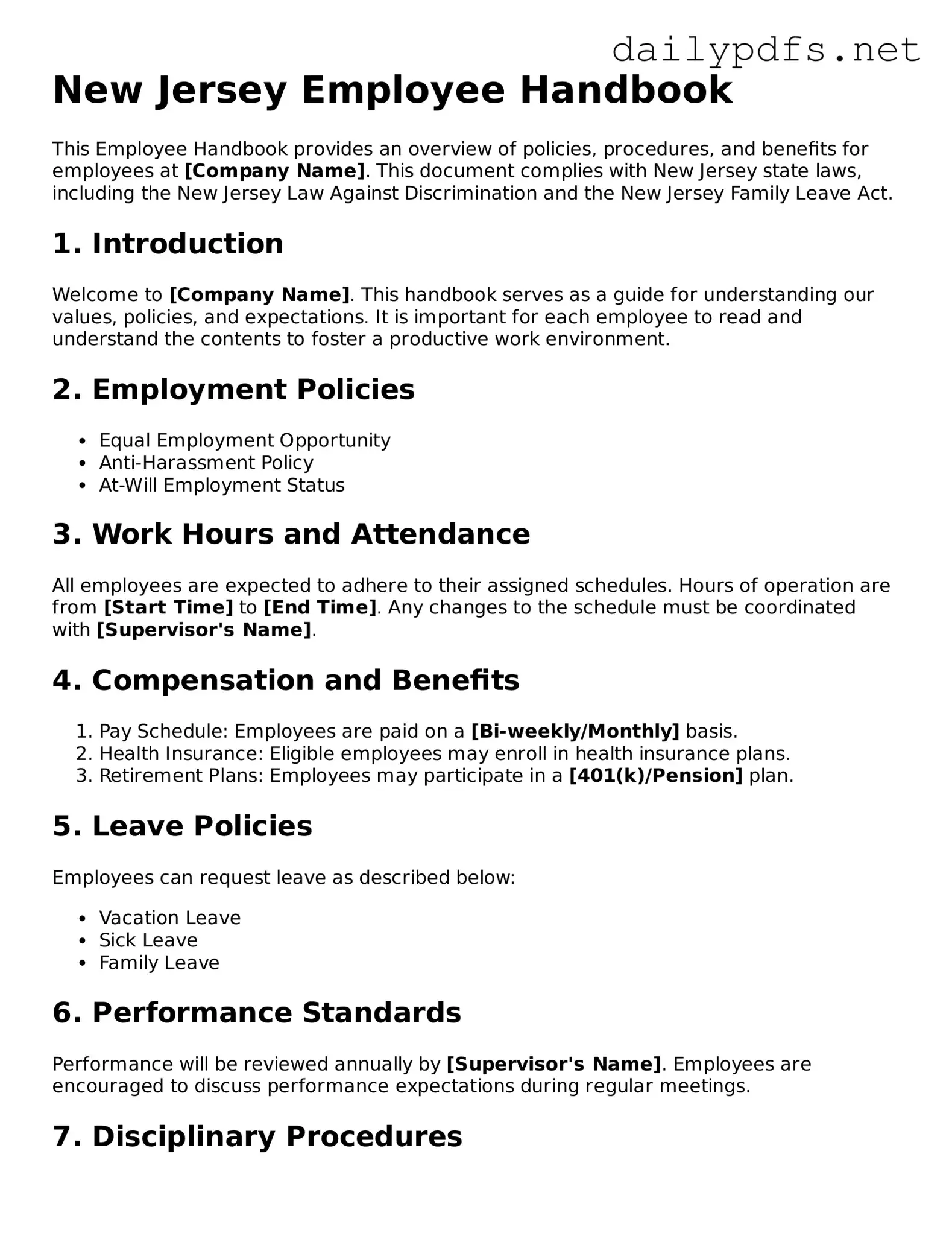 Free  Employee Handbook Template for New Jersey