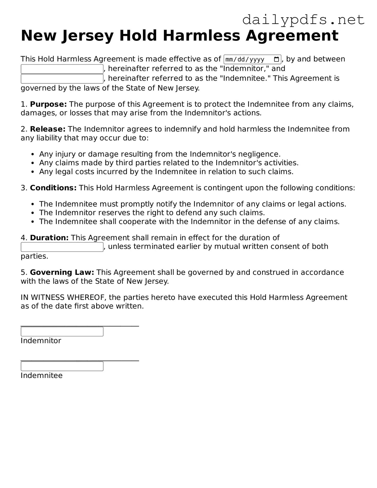 Free  Hold Harmless Agreement Template for New Jersey