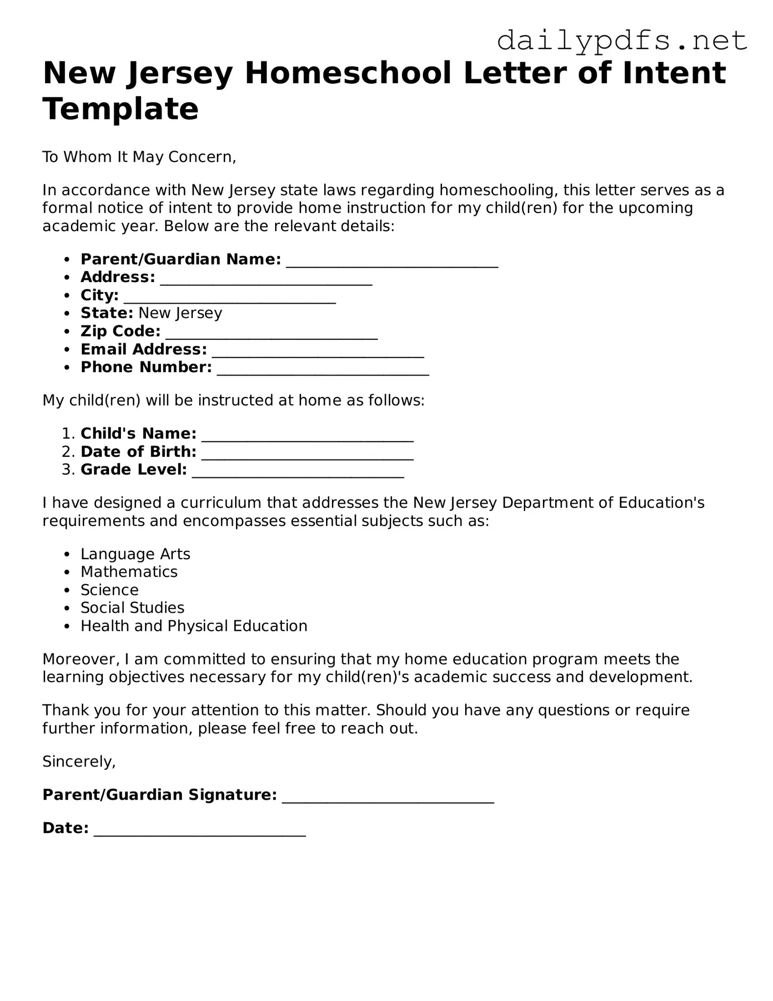 Free  Homeschool Letter of Intent Template for New Jersey