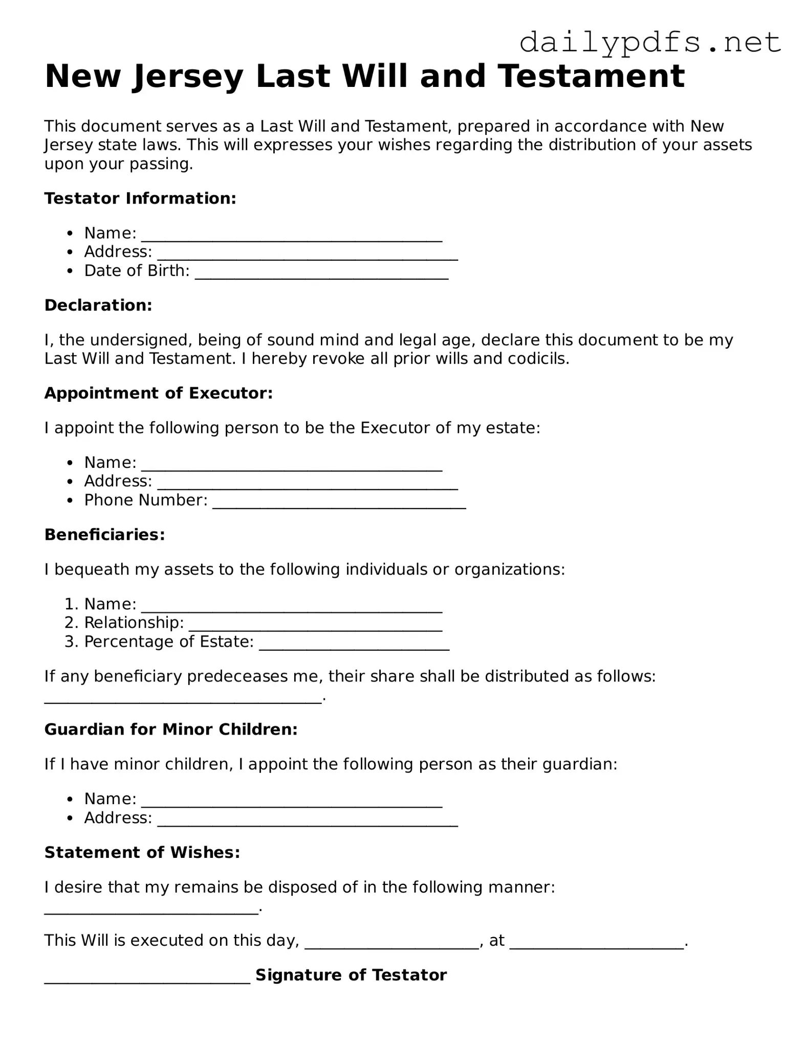 Free  Last Will and Testament Template for New Jersey