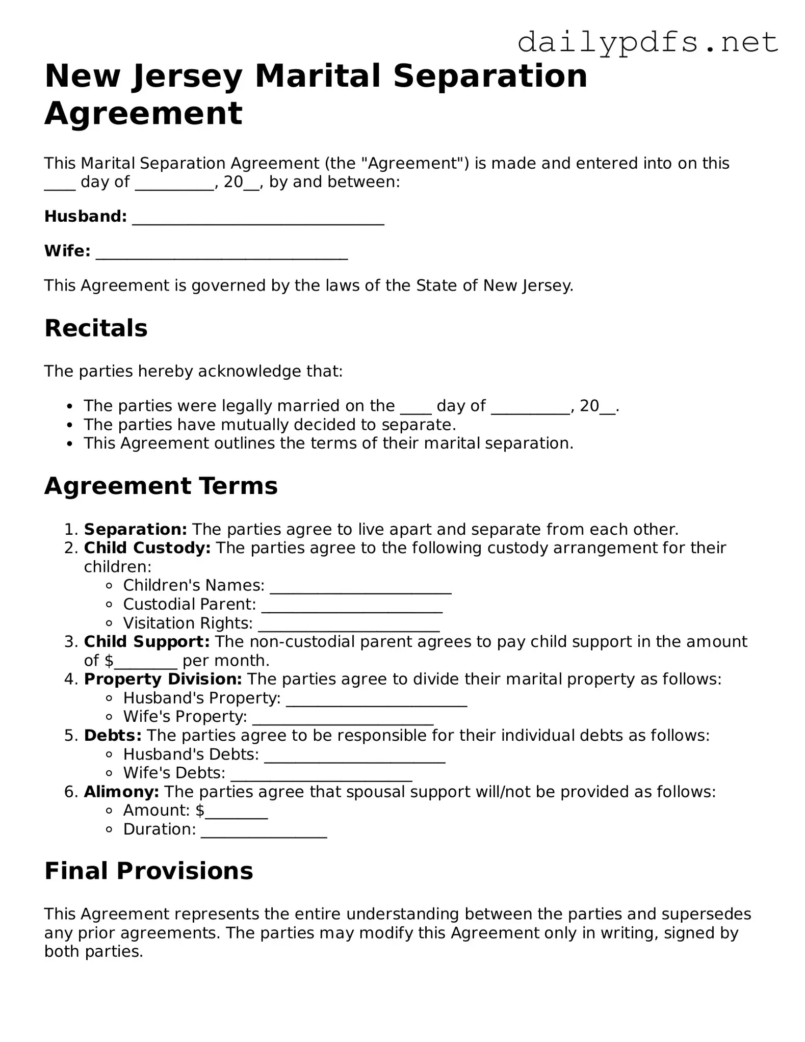 Free  Marital Separation Agreement Template for New Jersey