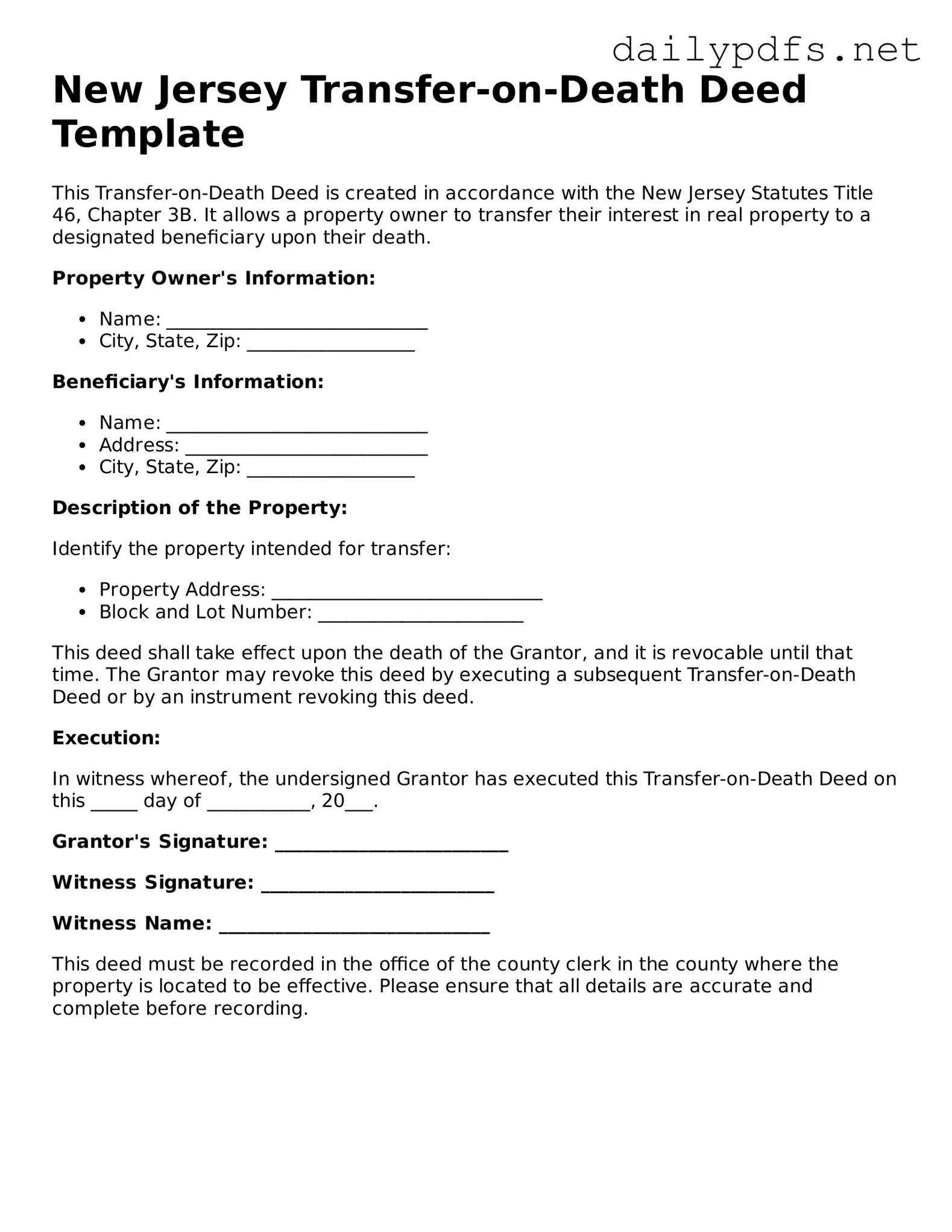Free  Transfer-on-Death Deed Template for New Jersey