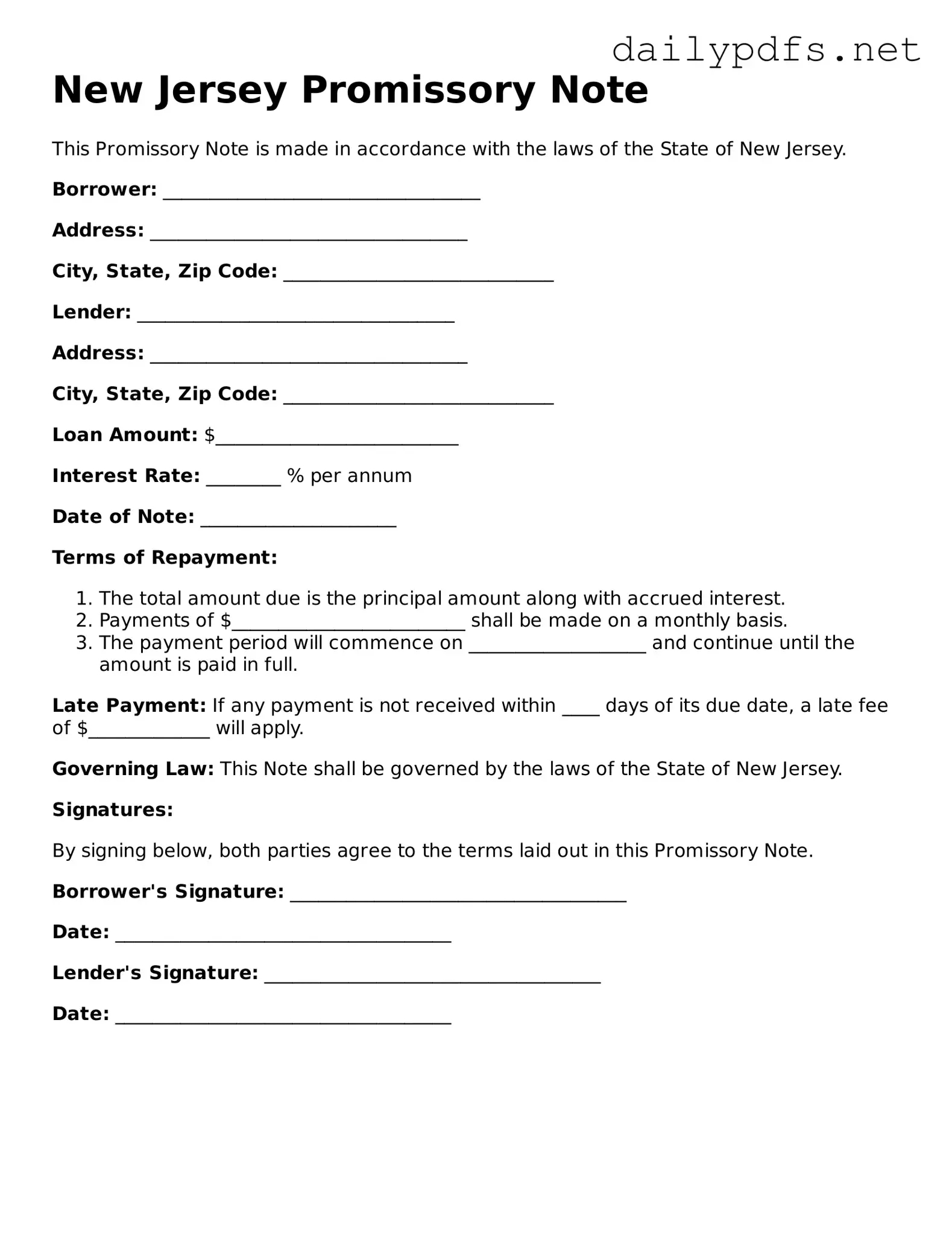 Free  Promissory Note Template for New Jersey