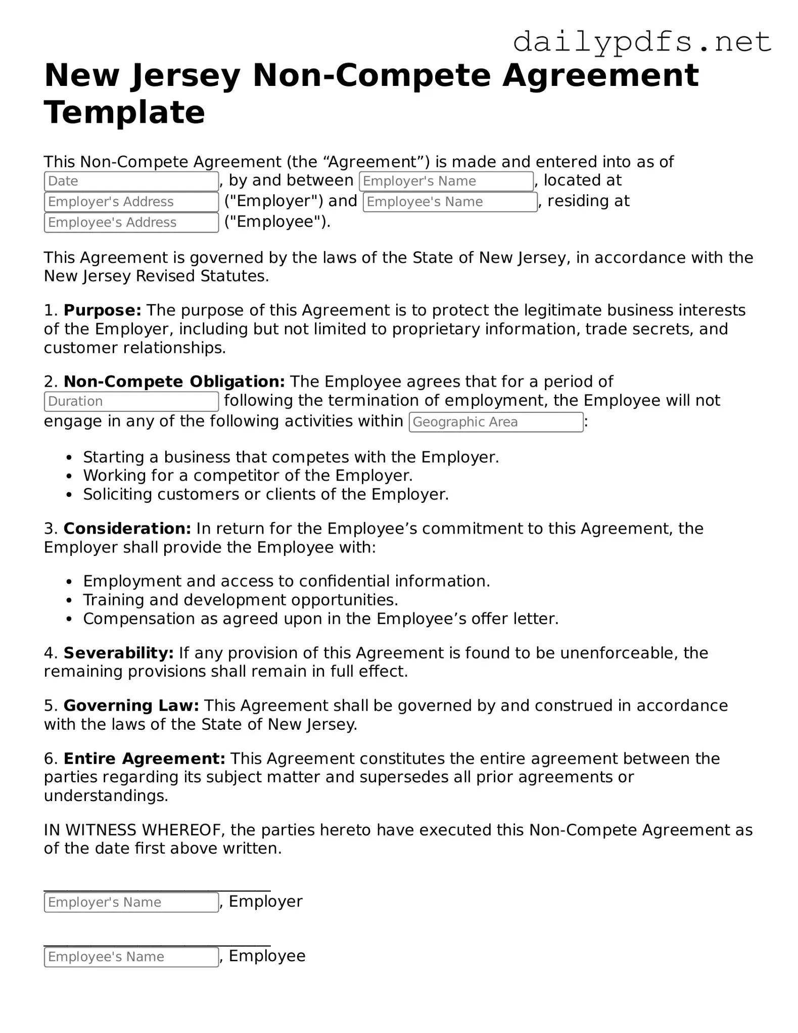 Free  Non-compete Agreement Template for New Jersey