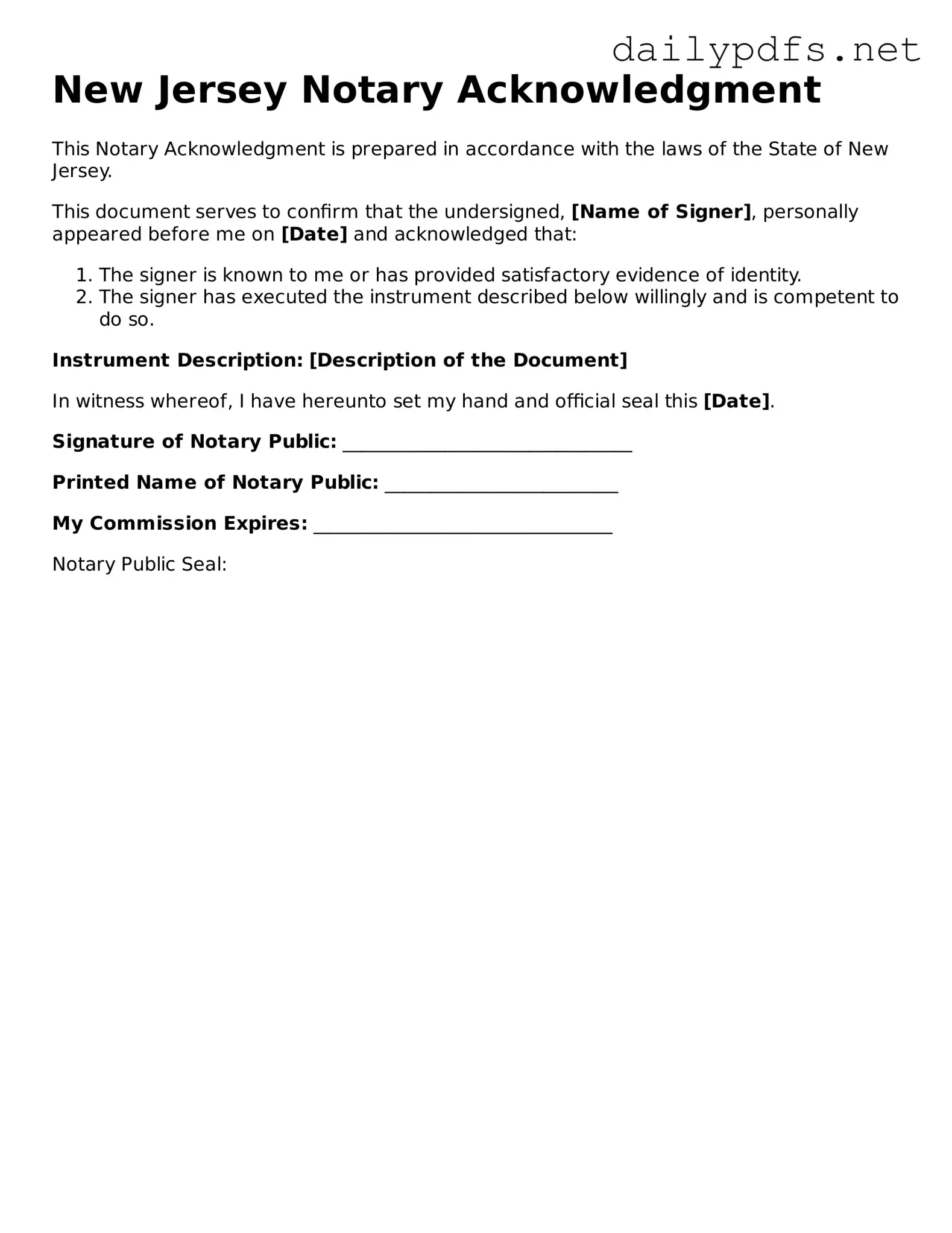 Free  Notary Acknowledgement Template for New Jersey