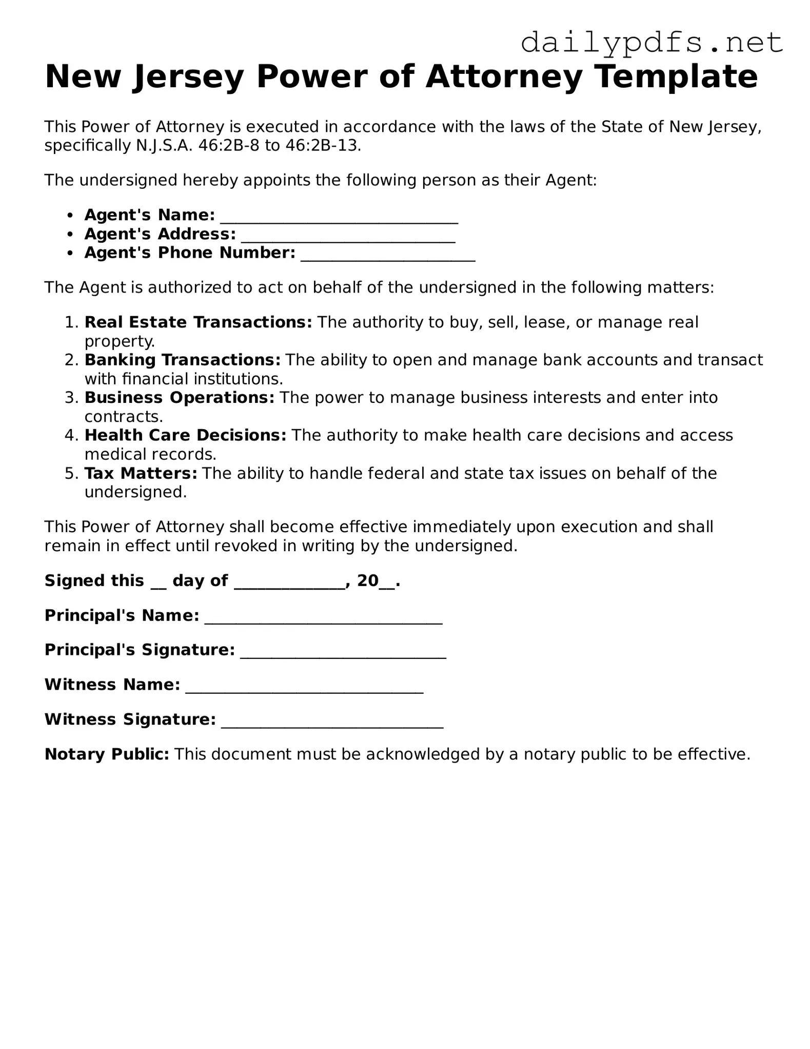 Free  Power of Attorney Template for New Jersey