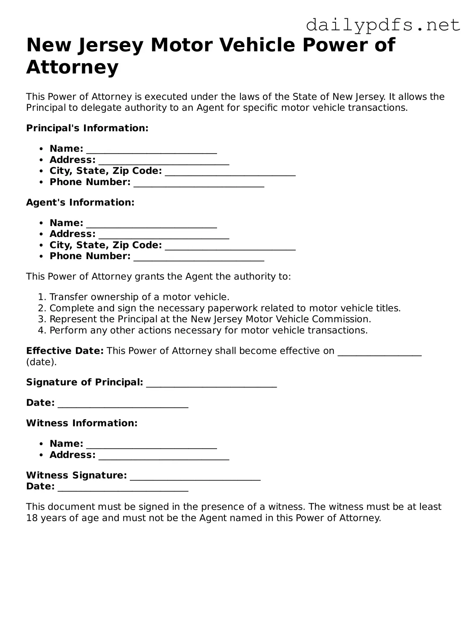 Free  Motor Vehicle Power of Attorney Template for New Jersey