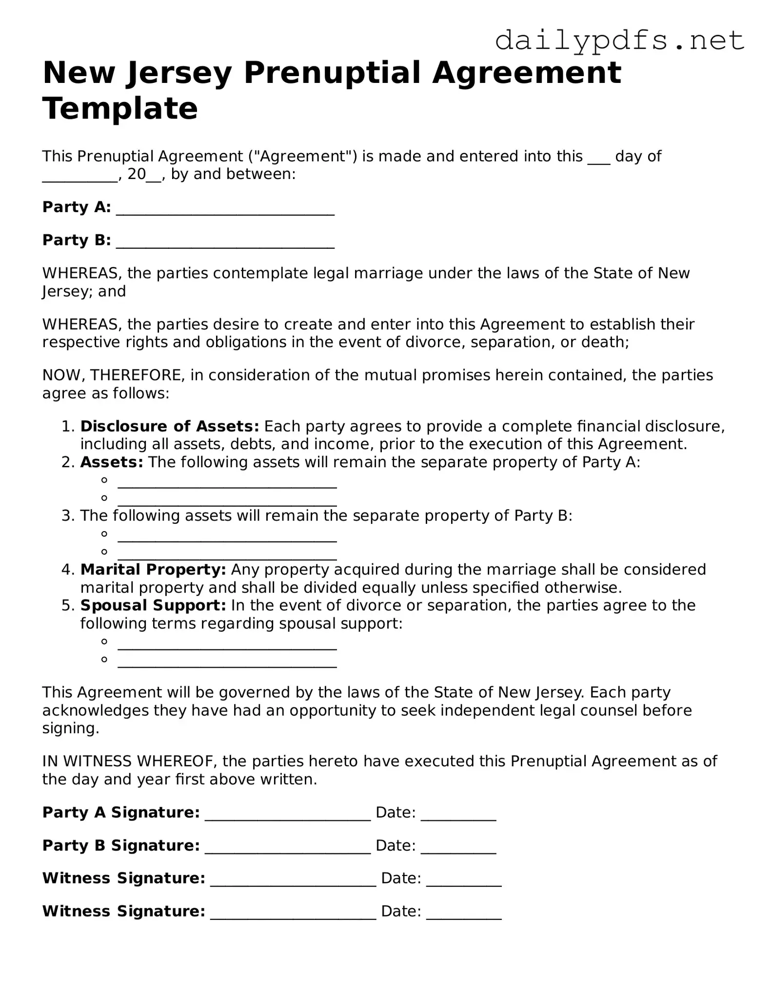 Free  Prenuptial Agreement Template for New Jersey