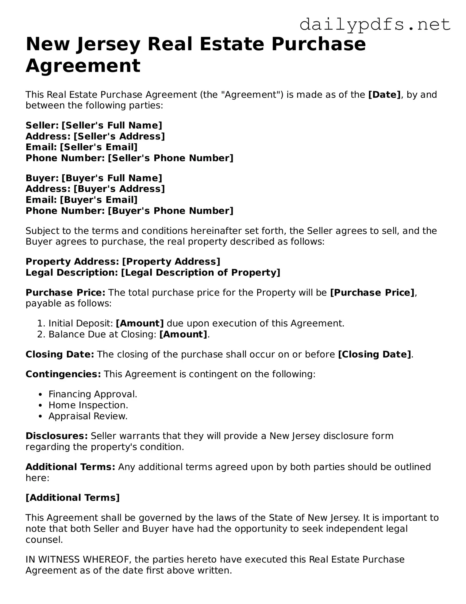 Free  Real Estate Purchase Agreement Template for New Jersey