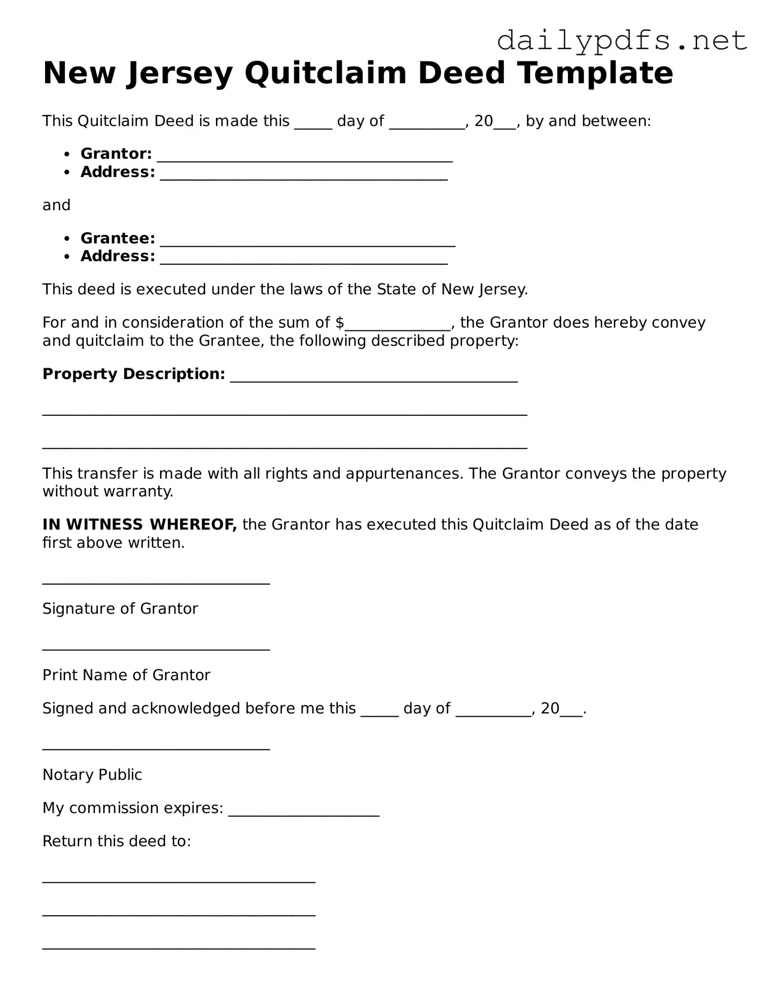 Free  Quitclaim Deed Template for New Jersey