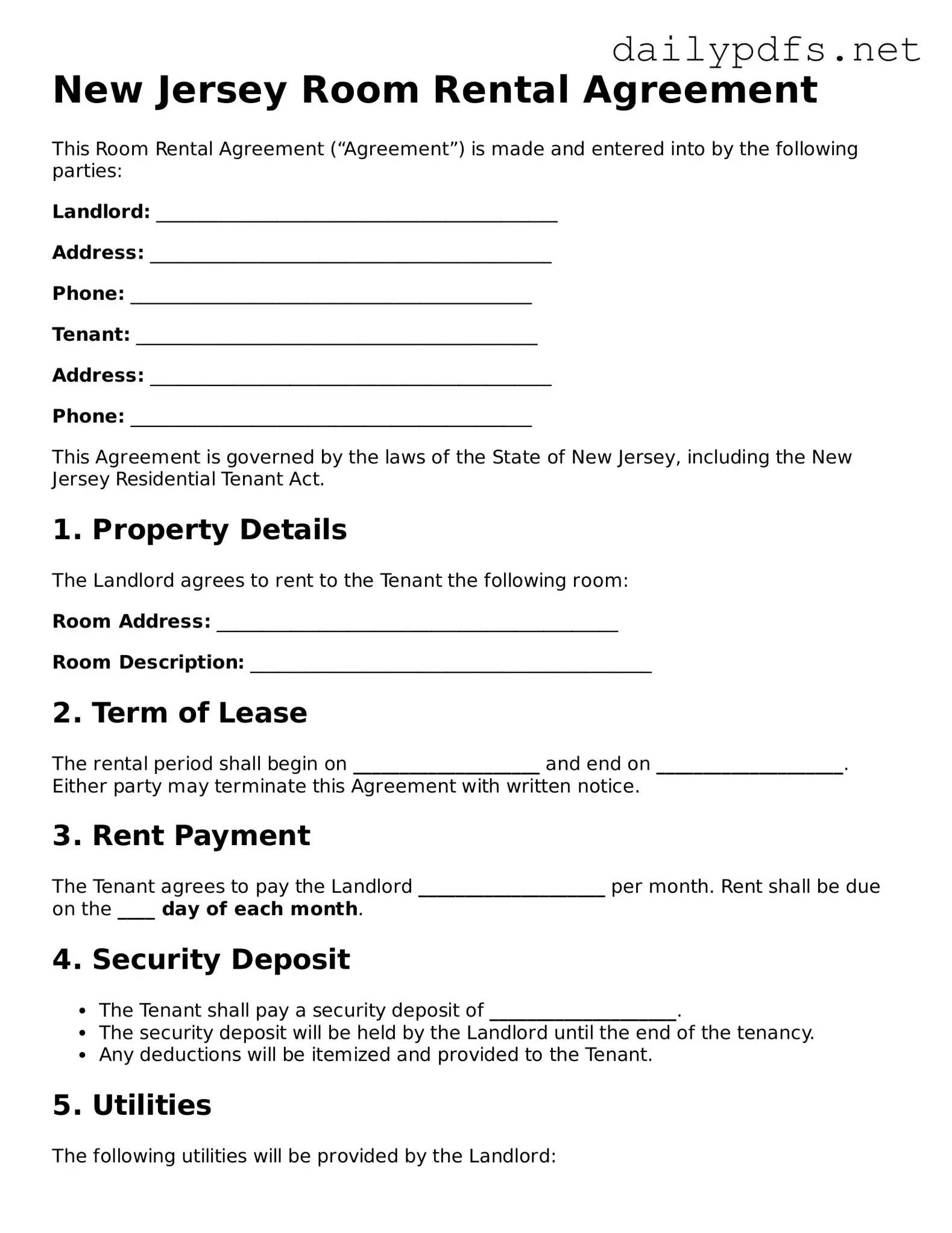 Free  Room Rental Agreement Template for New Jersey