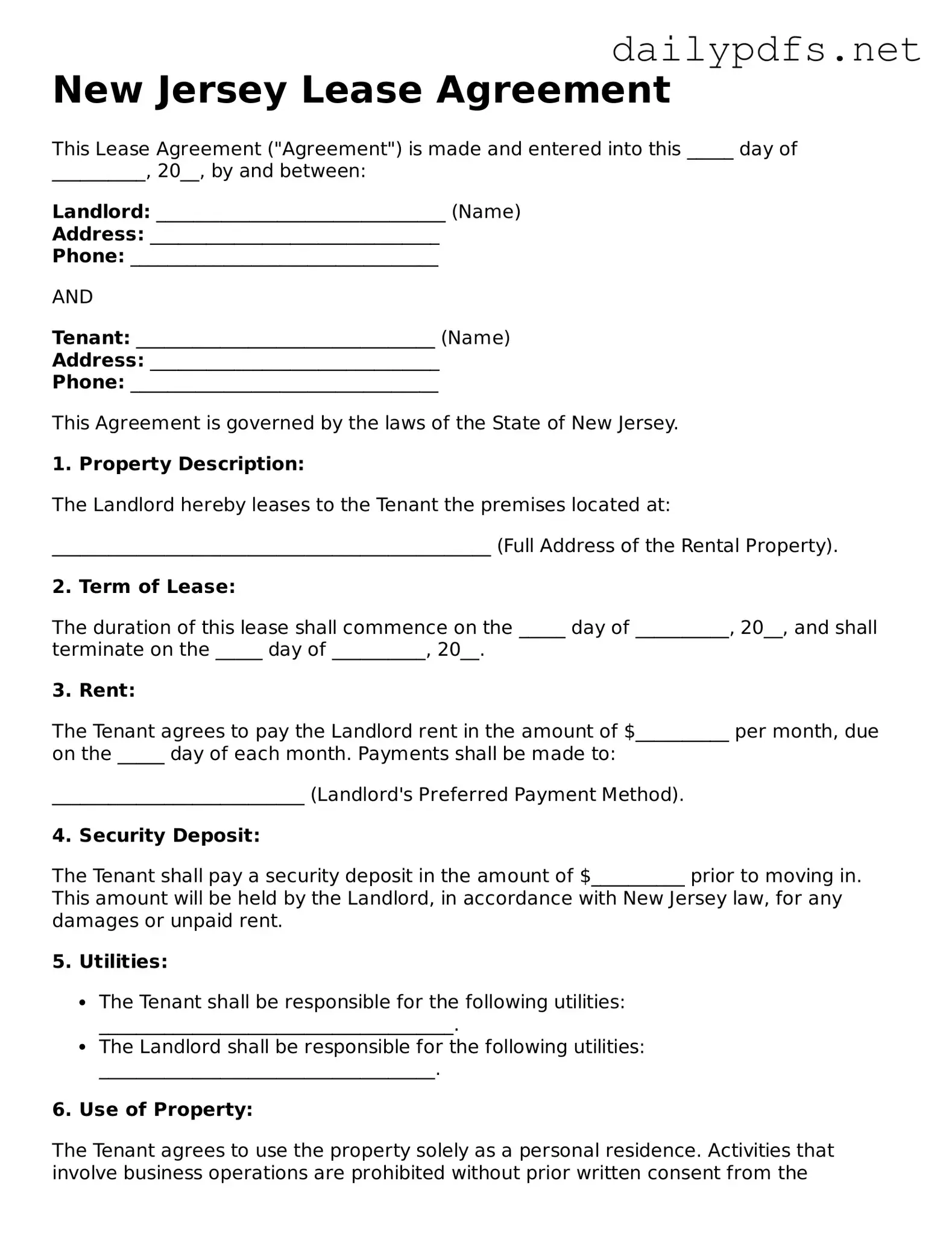 Free  Lease Agreement Template for New Jersey