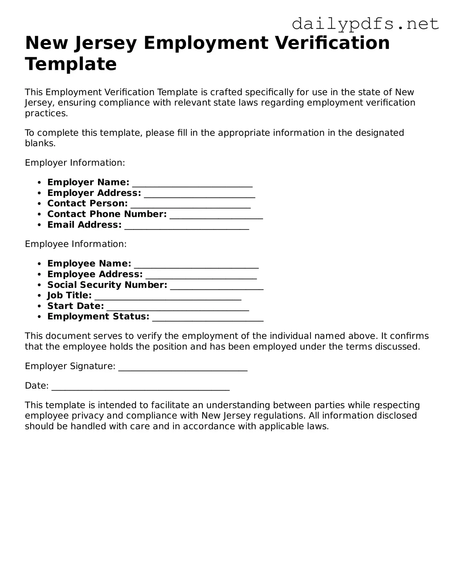 Free  Employment Verification Template for New Jersey