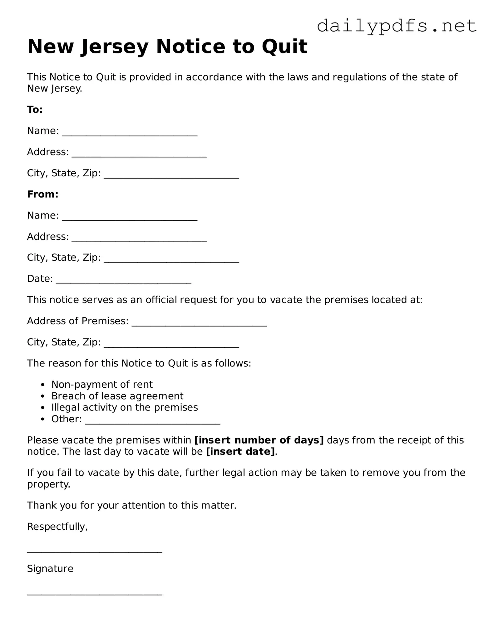 Free  Notice to Quit Template for New Jersey