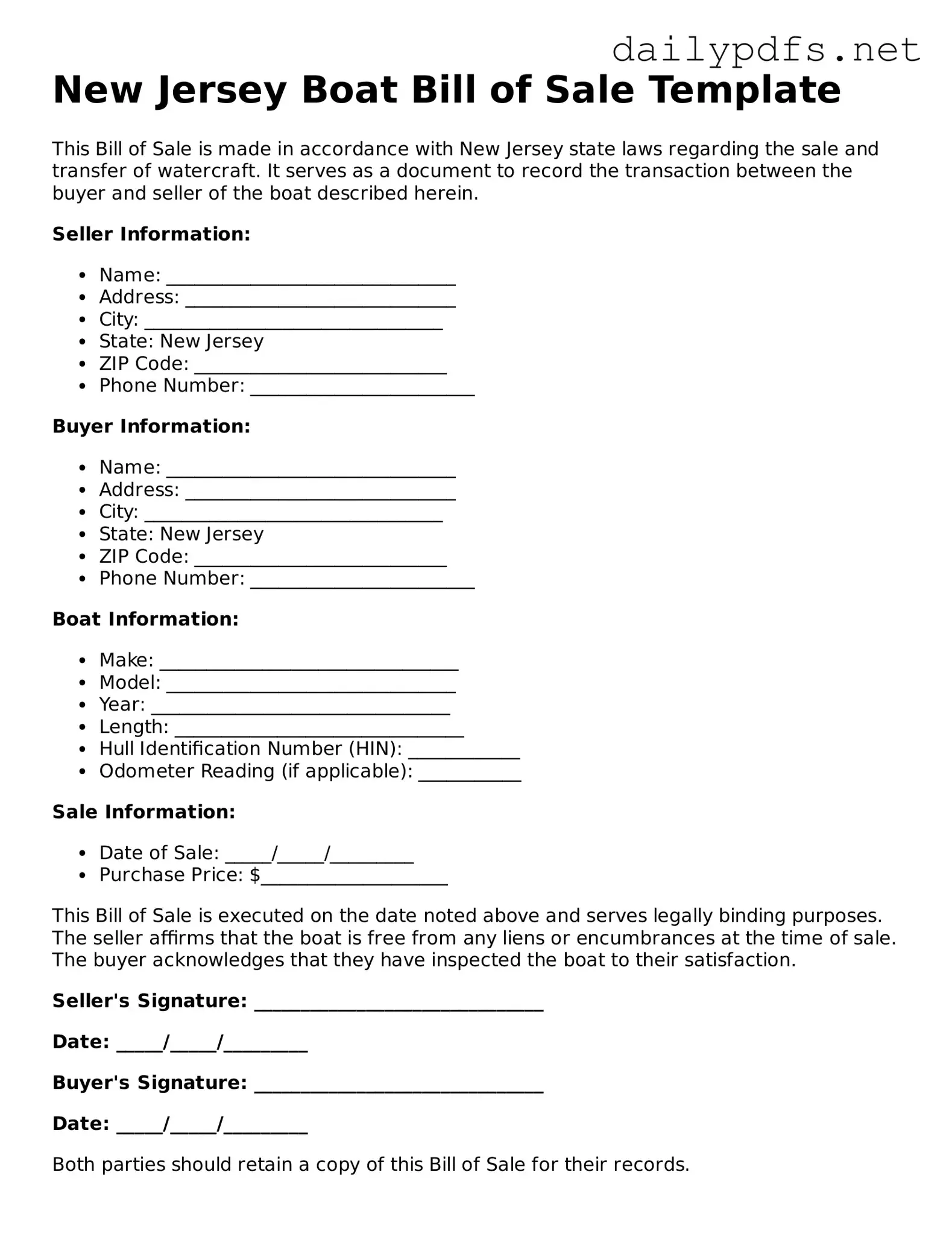 Free  Boat Bill of Sale Template for New Jersey