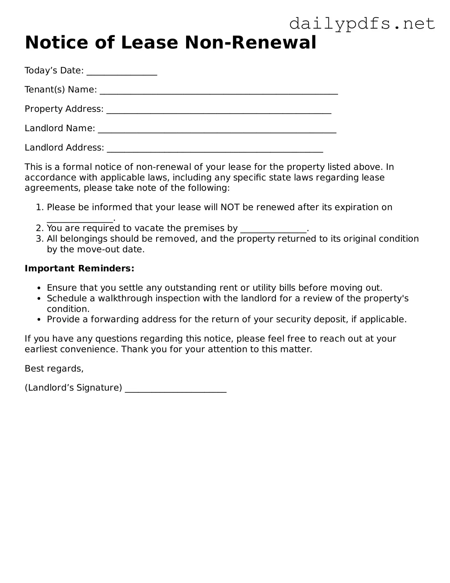 Printable Notice of Lease Non-Renewal Document