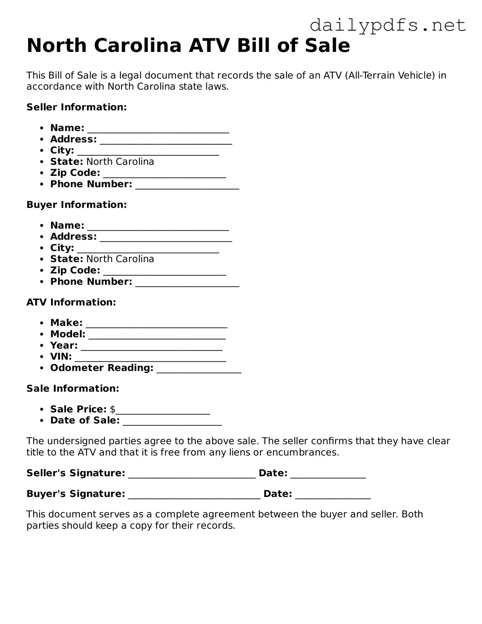 Free  ATV Bill of Sale Template for North Carolina