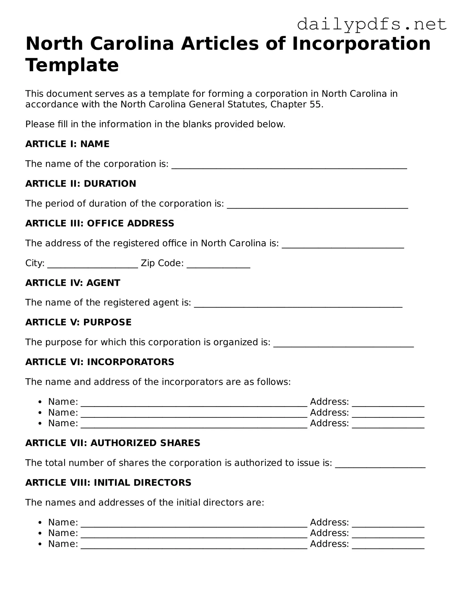 Free  Articles of Incorporation Template for North Carolina
