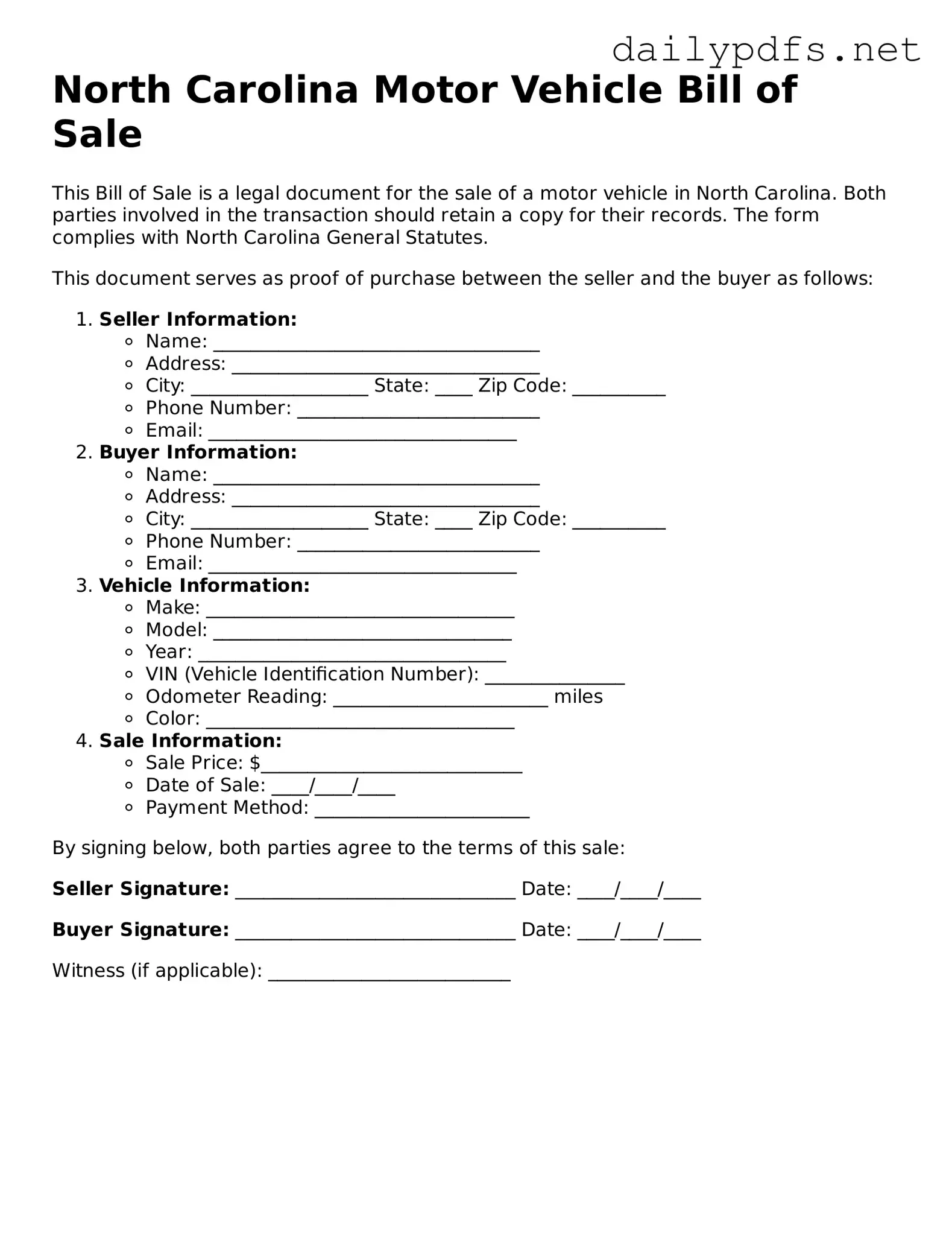 Free  Motor Vehicle Bill of Sale Template for North Carolina