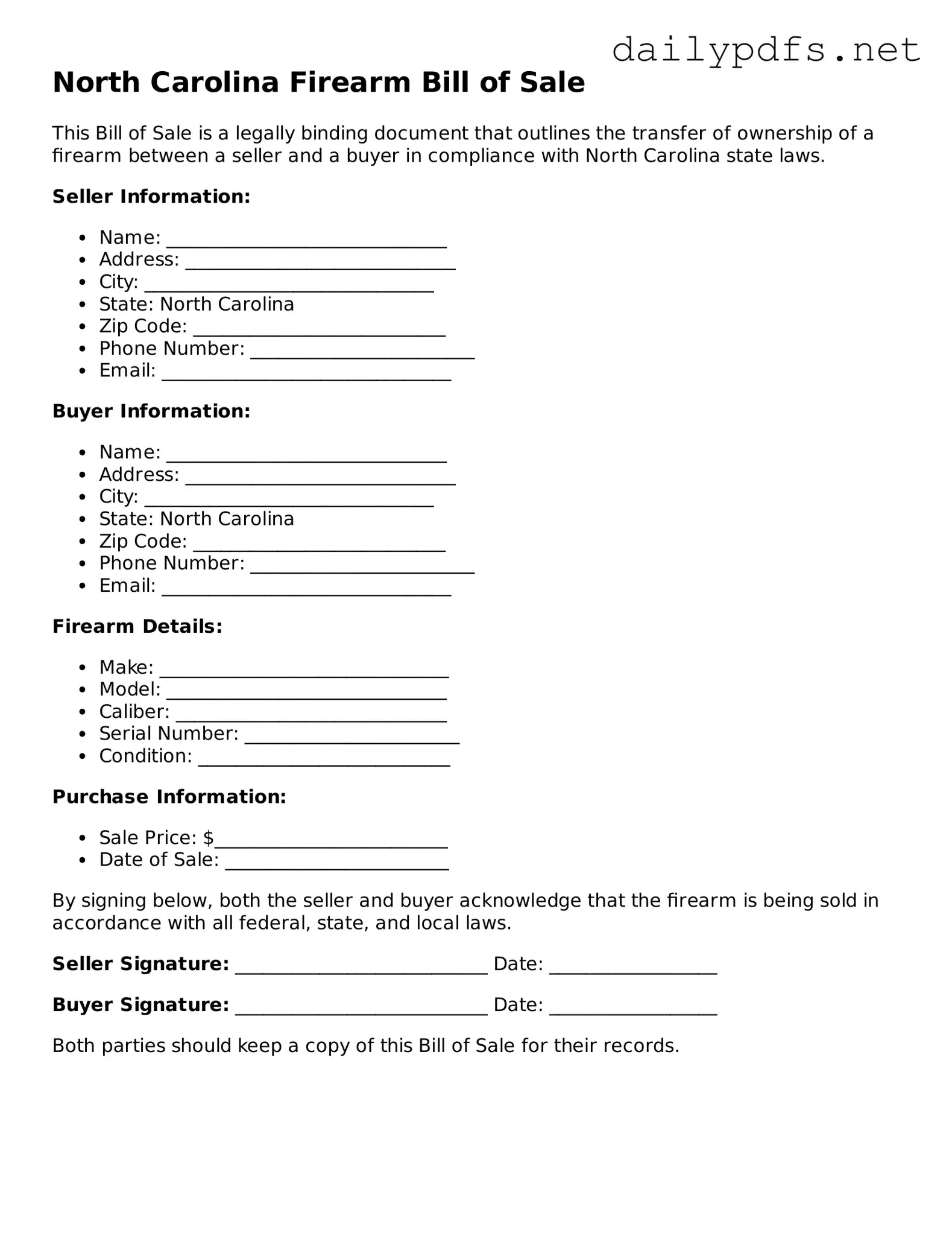 Free  Firearm Bill of Sale Template for North Carolina
