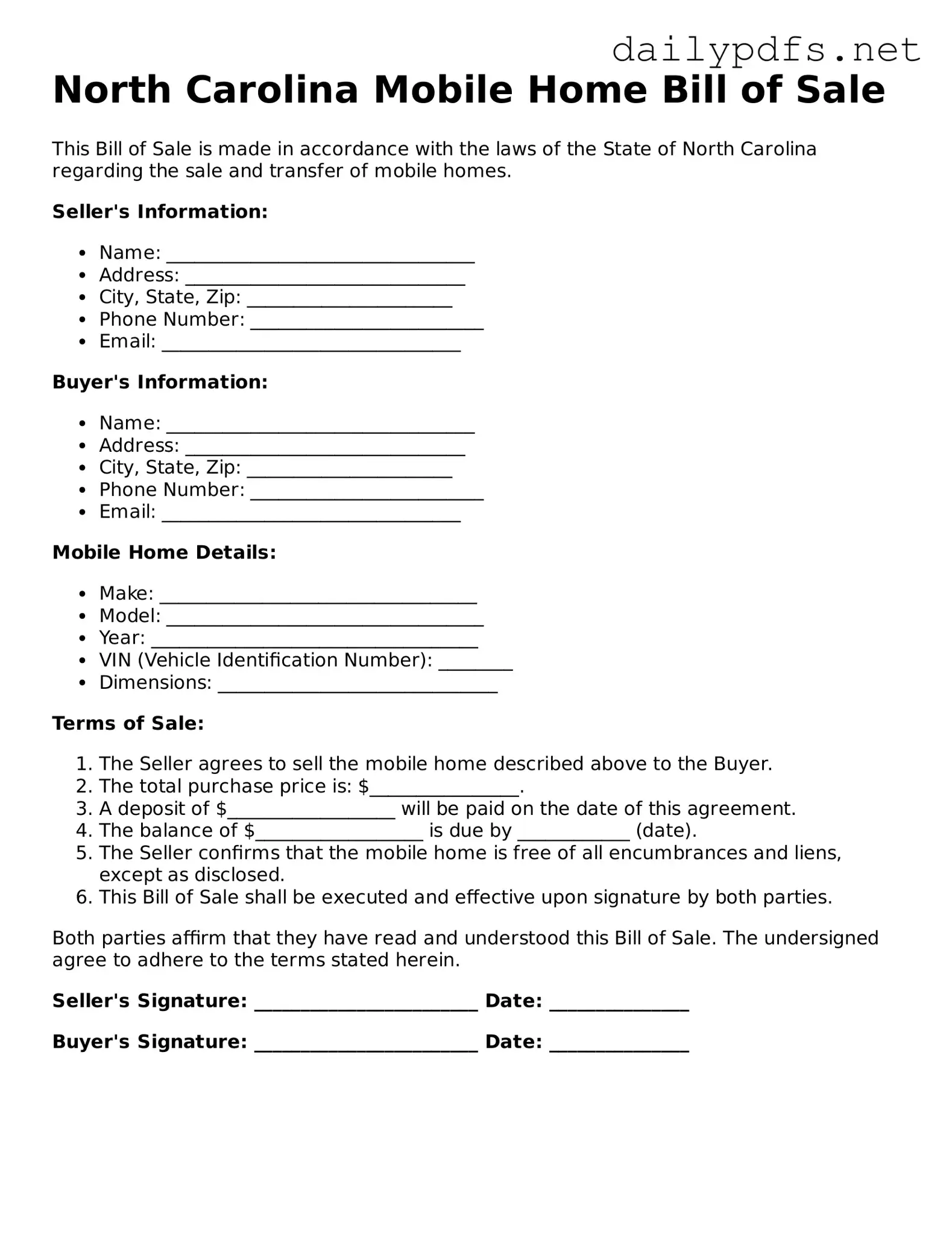 Free  Mobile Home Bill of Sale Template for North Carolina