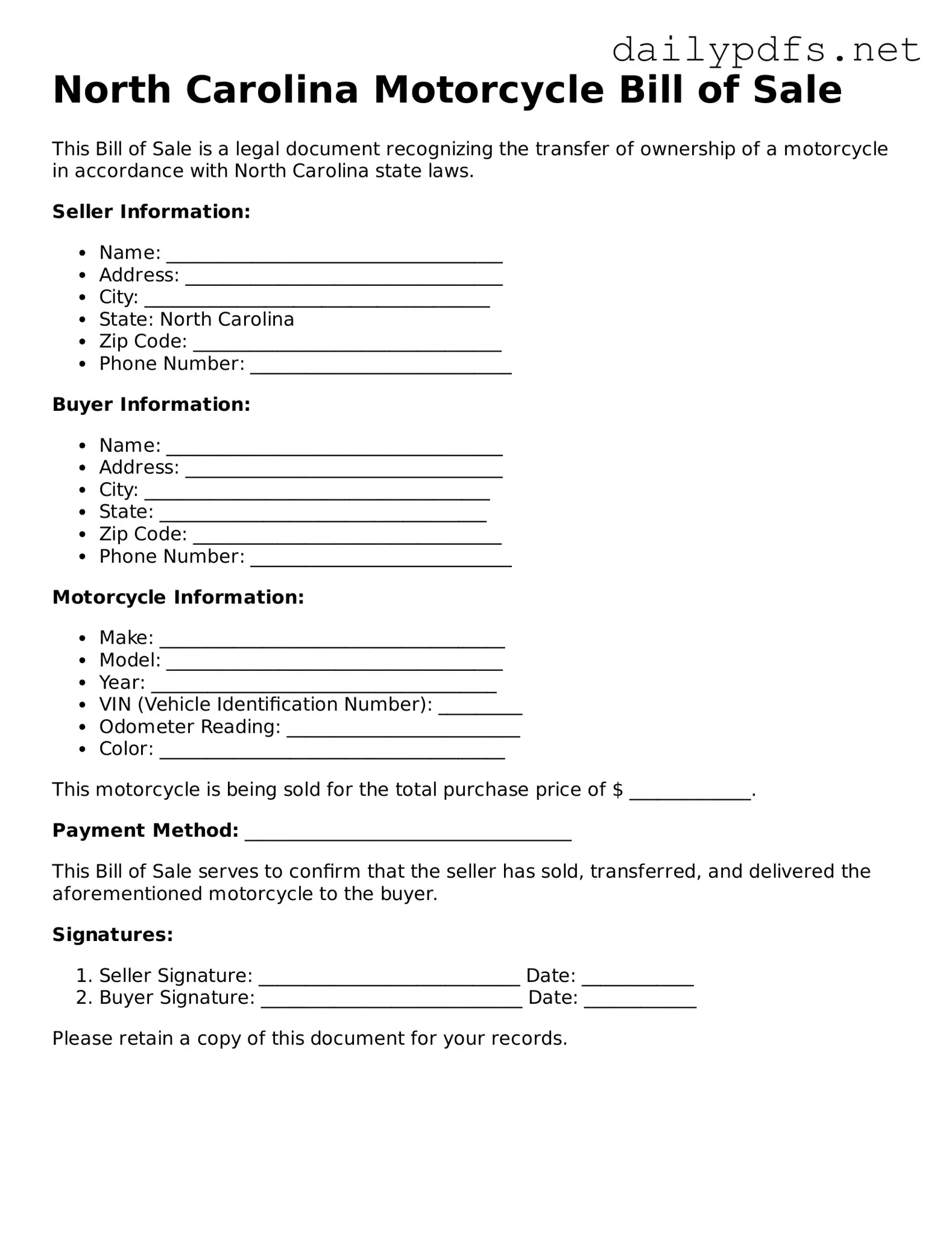 Free  Motorcycle Bill of Sale Template for North Carolina
