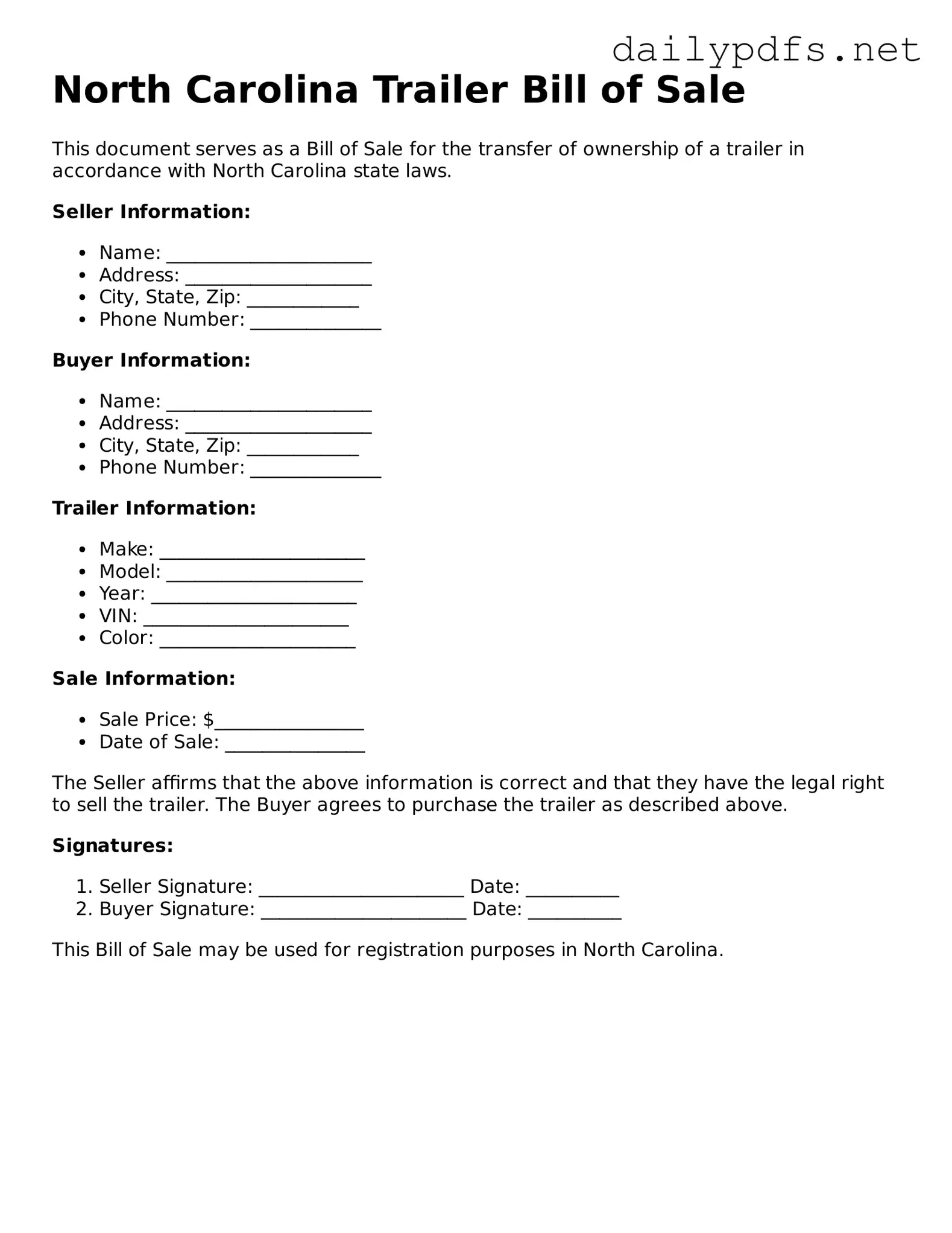 Free  Trailer Bill of Sale Template for North Carolina