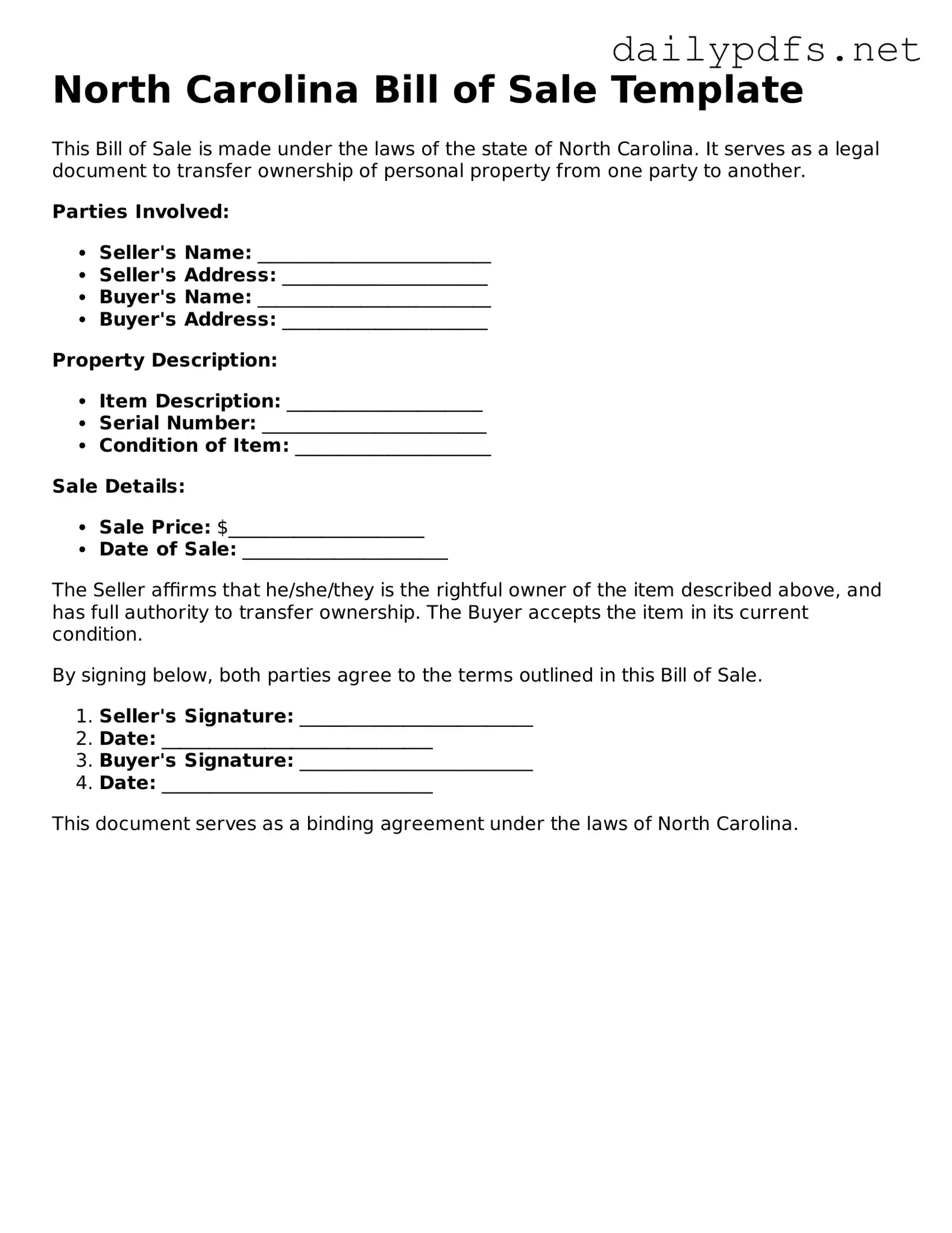 Free  Bill of Sale Template for North Carolina