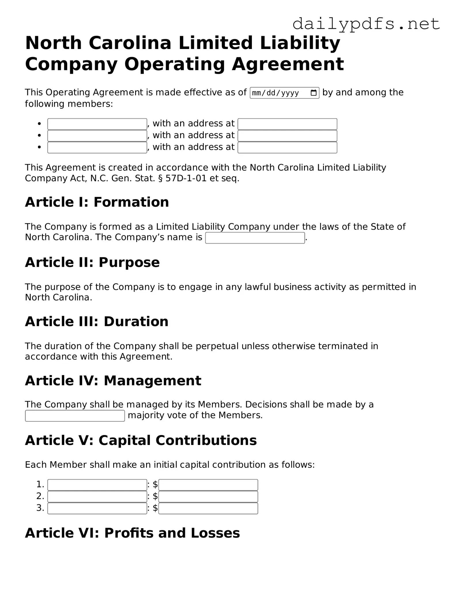 Free  Operating Agreement Template for North Carolina