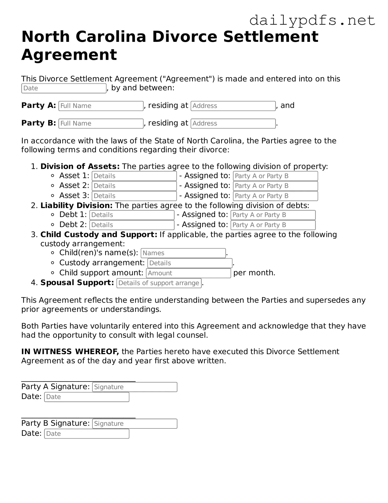 Free  Divorce Settlement Agreement Template for North Carolina