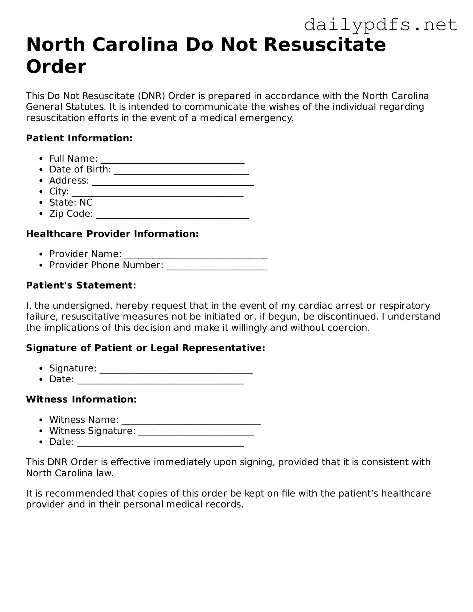 Free  Do Not Resuscitate Order Template for North Carolina