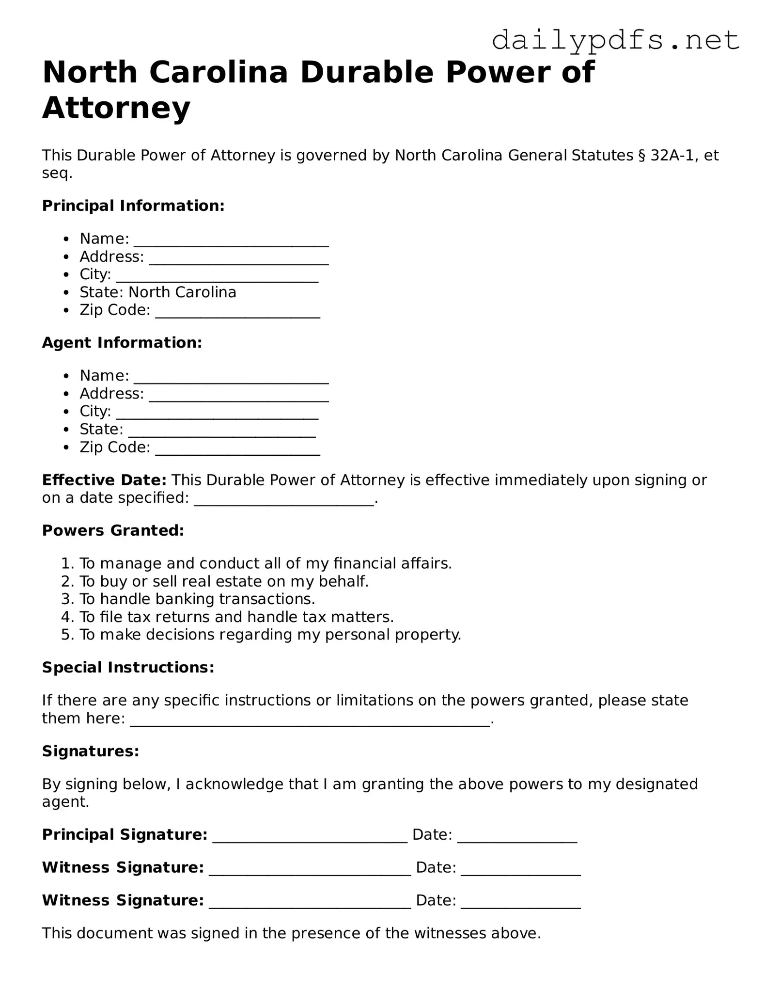 Free  Durable Power of Attorney Template for North Carolina