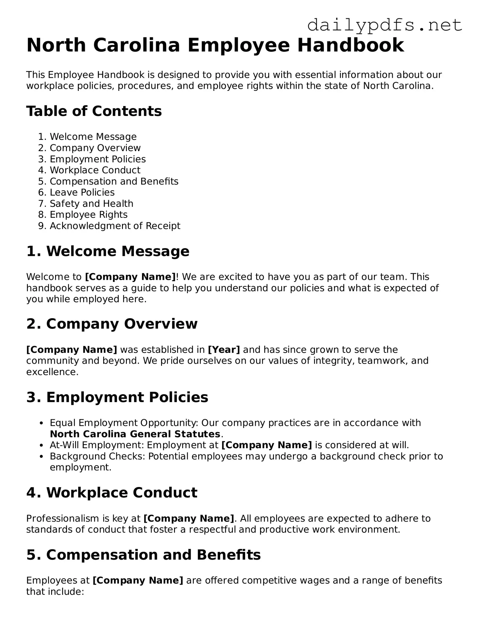 Free  Employee Handbook Template for North Carolina