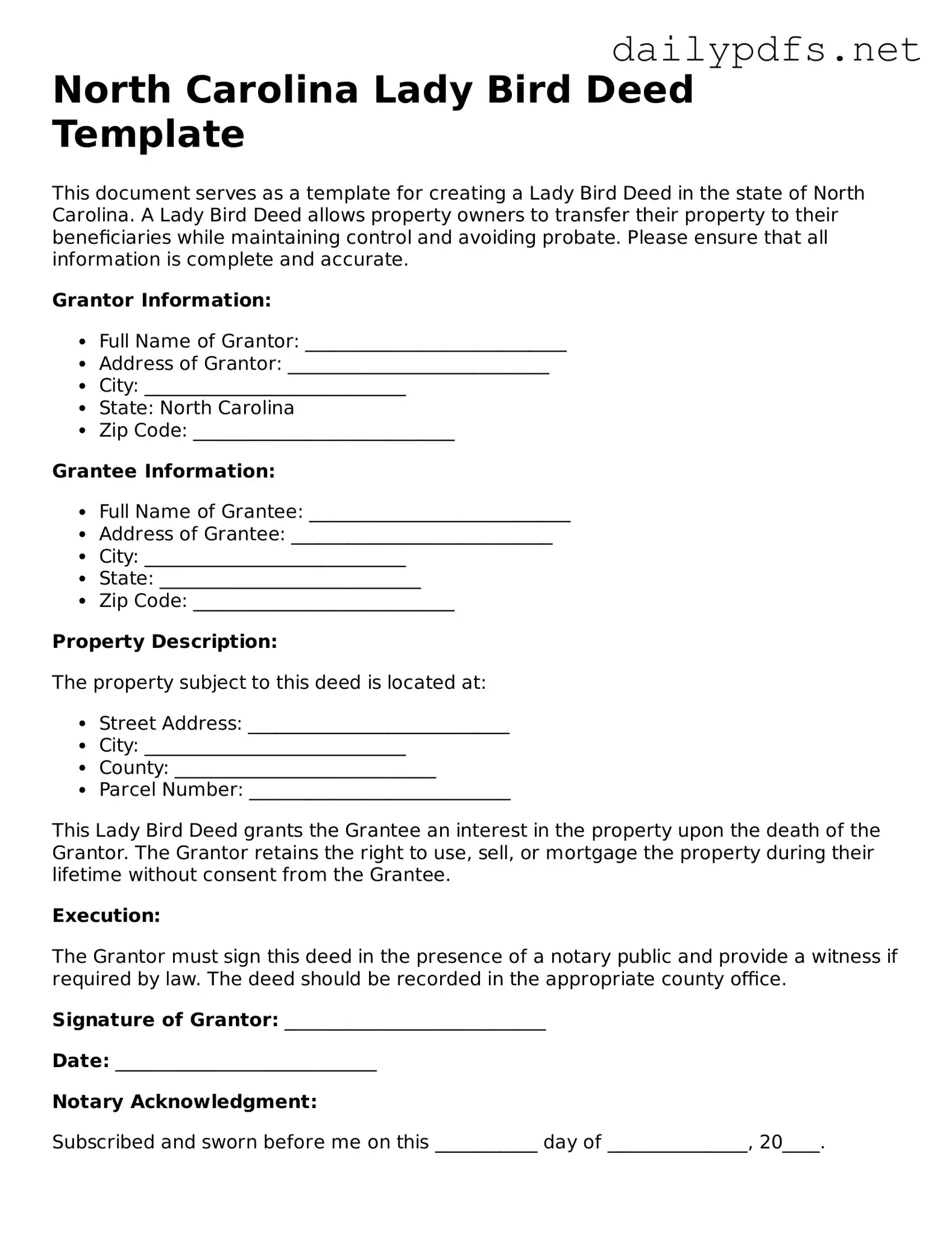 Free  Lady Bird Deed Template for North Carolina